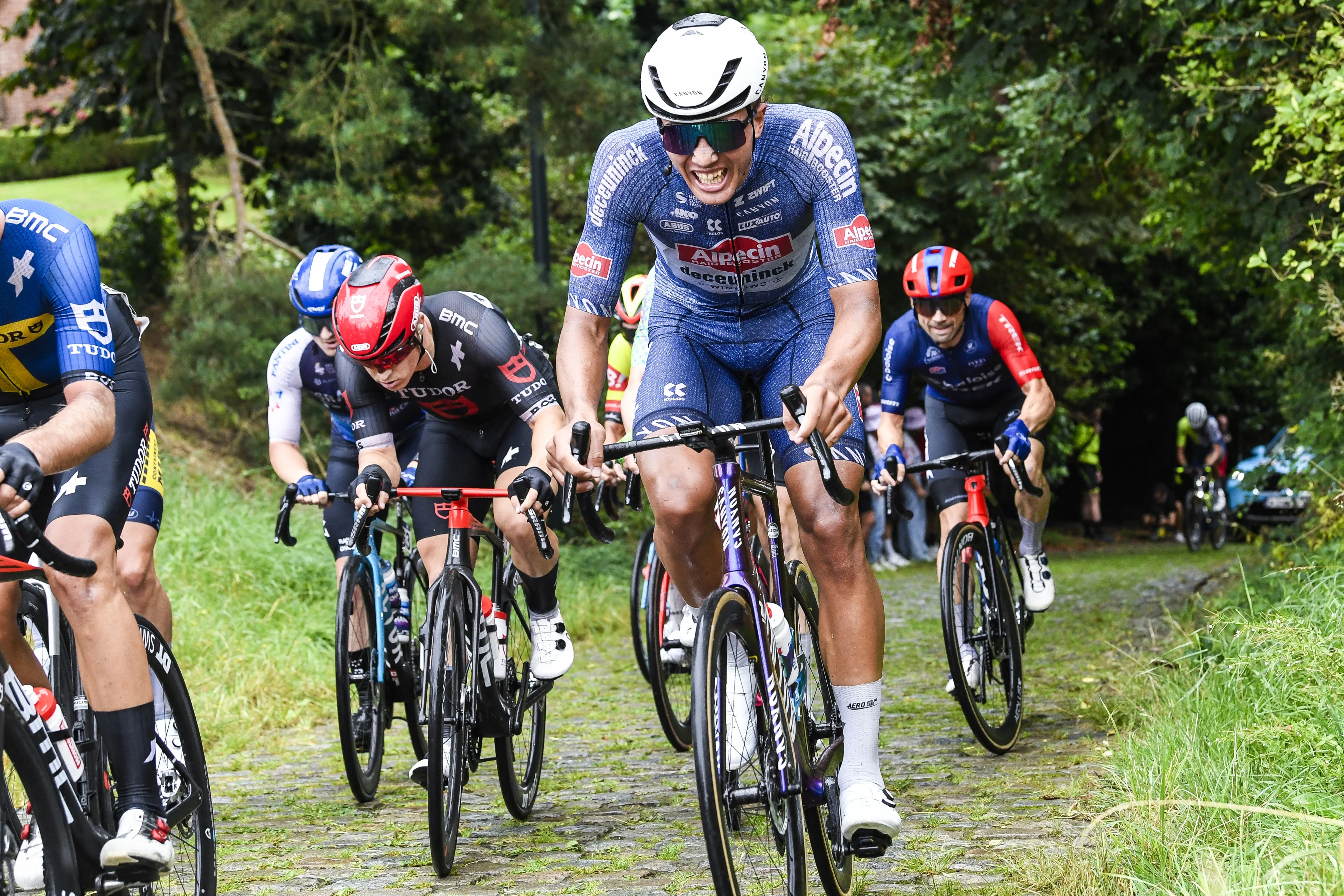 Belgian Sente Sentjens of Alpecin-Deceuninck pictured in action during the 'Druivenkoers' one day cycling race, 206,3 km from and to Overijse, Friday 23 August 2024. BELGA PHOTO MARC GOYVAERTS