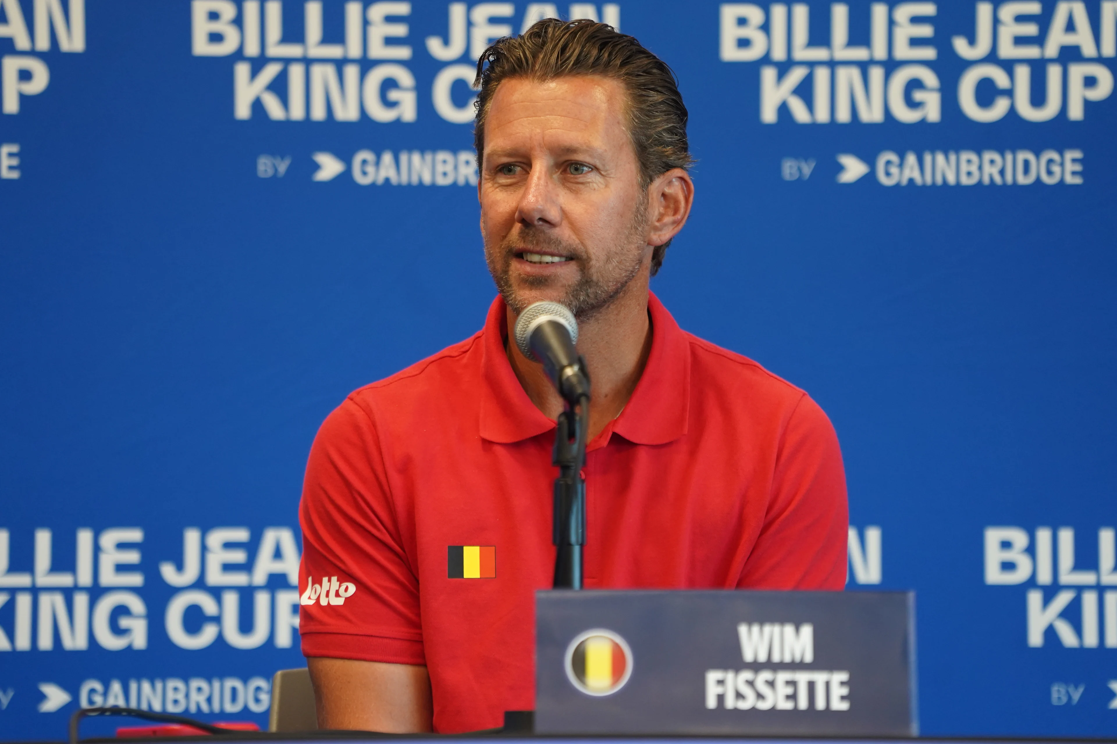 Belgian team captain Wim Fissette pictured during a press conference after the fourth match between, a doubles match between American pair Dolehide and Townsend and Belgian pair Benoit and Zimmerman, on the second day of the meeting between USA and Belgium, in the qualification round in the world group for the final of the Billie Jean King Cup tennis, in Orlando, Florida, USA, on Saturday 13 April 2024. BELGA PHOTO MARTY JEAN LOUIS