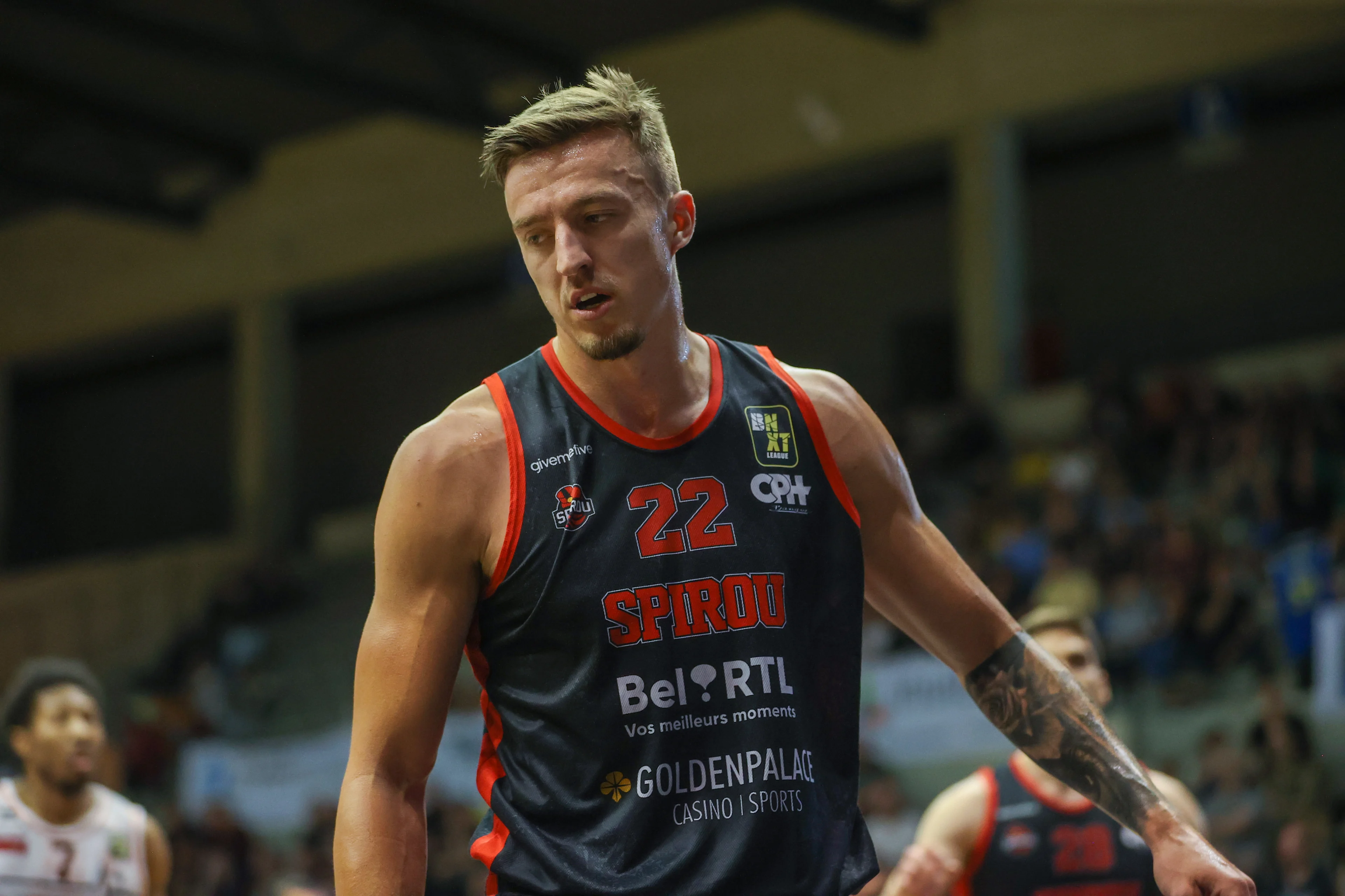 Spirou's Vincent Kesteloot pictured during a basketball match between Leuven Bears and Spirou Charleroi, Saturday 07 May 2022, in Leuven, the third game of the quarter final (best of 3) of the Belgian Playoffs in the 'BNXT League' first division basket championship. BELGA PHOTO VIRGINIE LEFOUR