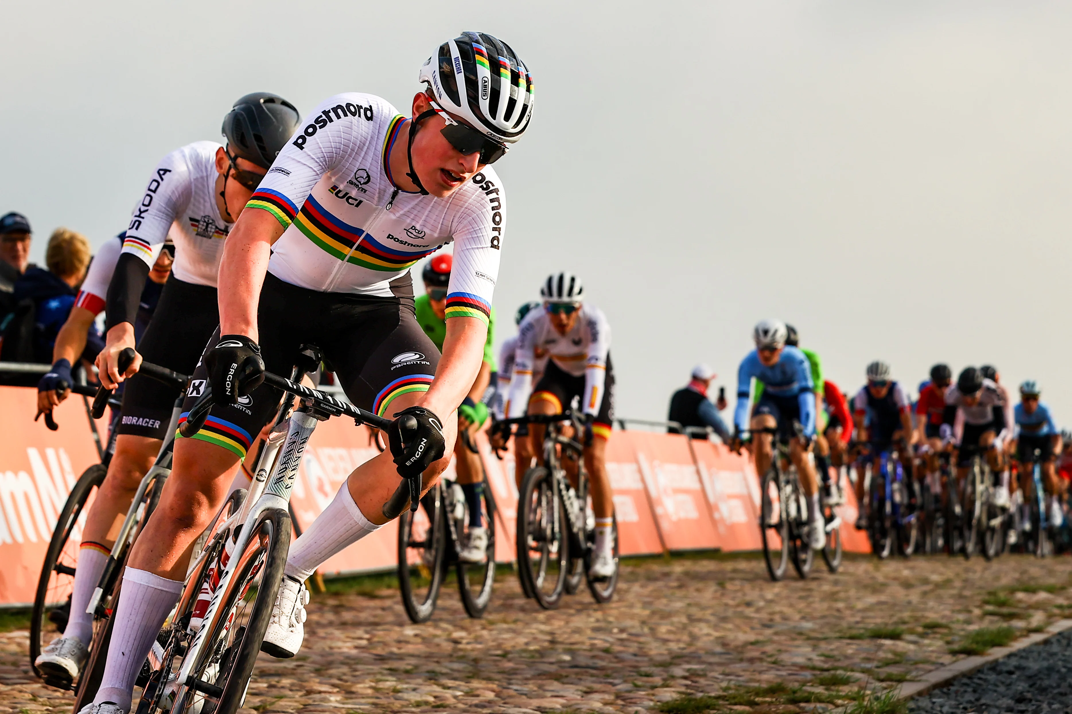 Kasper Haugland pictured in action during the Junior Men's Road Race, 111km around and on the Col du VAM, on day 4 of the UEC Road European Championships in Wijster, The Netherlands, Saturday 23 September 2023. The European cycling championships takes place from 20 to 24 september. BELGA PHOTO DAVID PINTENS