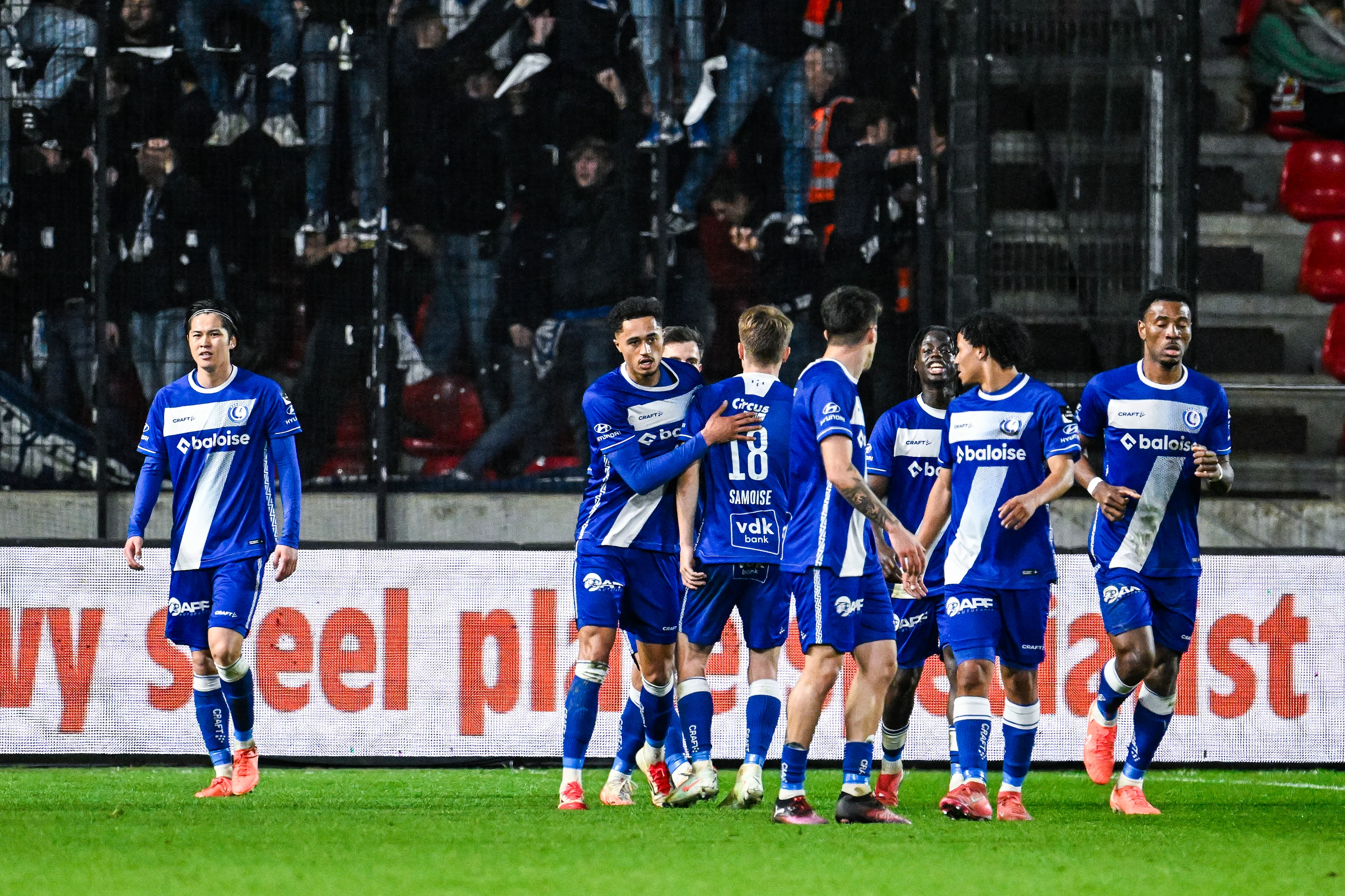 Gent's Aime Omgba celebrates after scoring during a soccer match between Royal Antwerp FC and KAA Gent, Sunday 09 March 2025 in Antwerp, on day 29 of the 2024-2025 season of the 'Jupiler Pro League' first division of the Belgian championship. BELGA PHOTO TOM GOYVAERTS