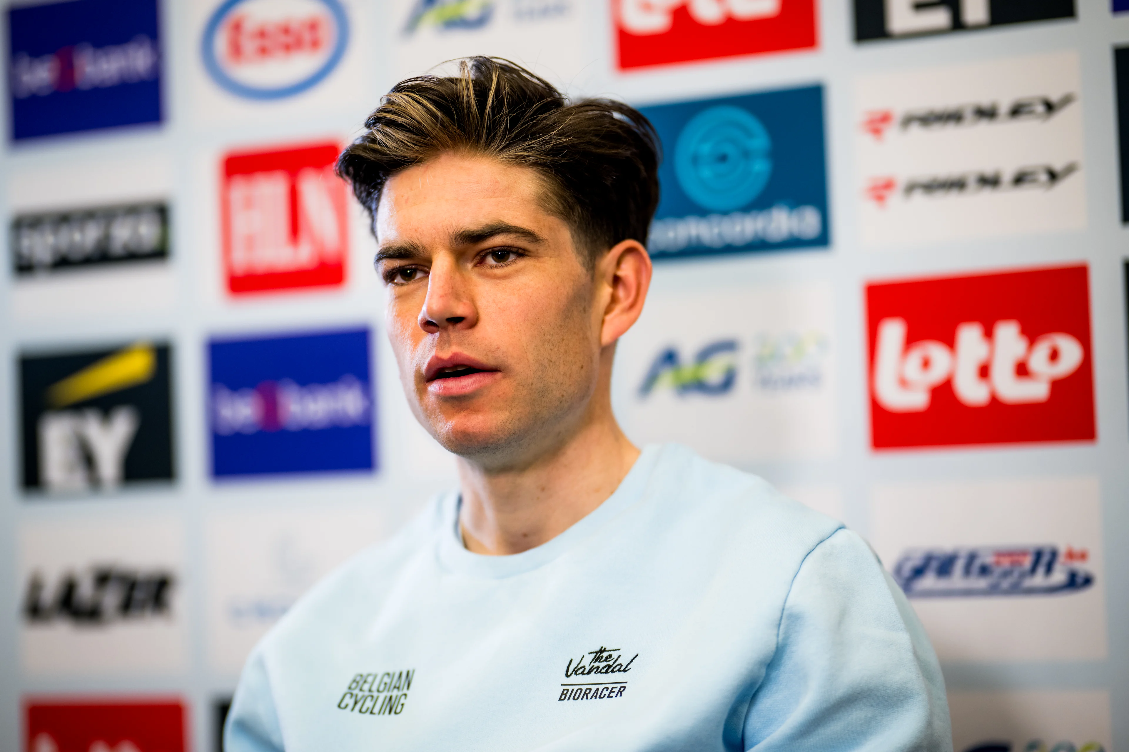 Belgian Wout van Aert talks to the press during a press conference ahead of the UCI cyclocross World Championship, in Gosnay, France, Friday 31 January 2025. The world championships are taking place from 31 January until 02 February. BELGA PHOTO JASPER JACOBS