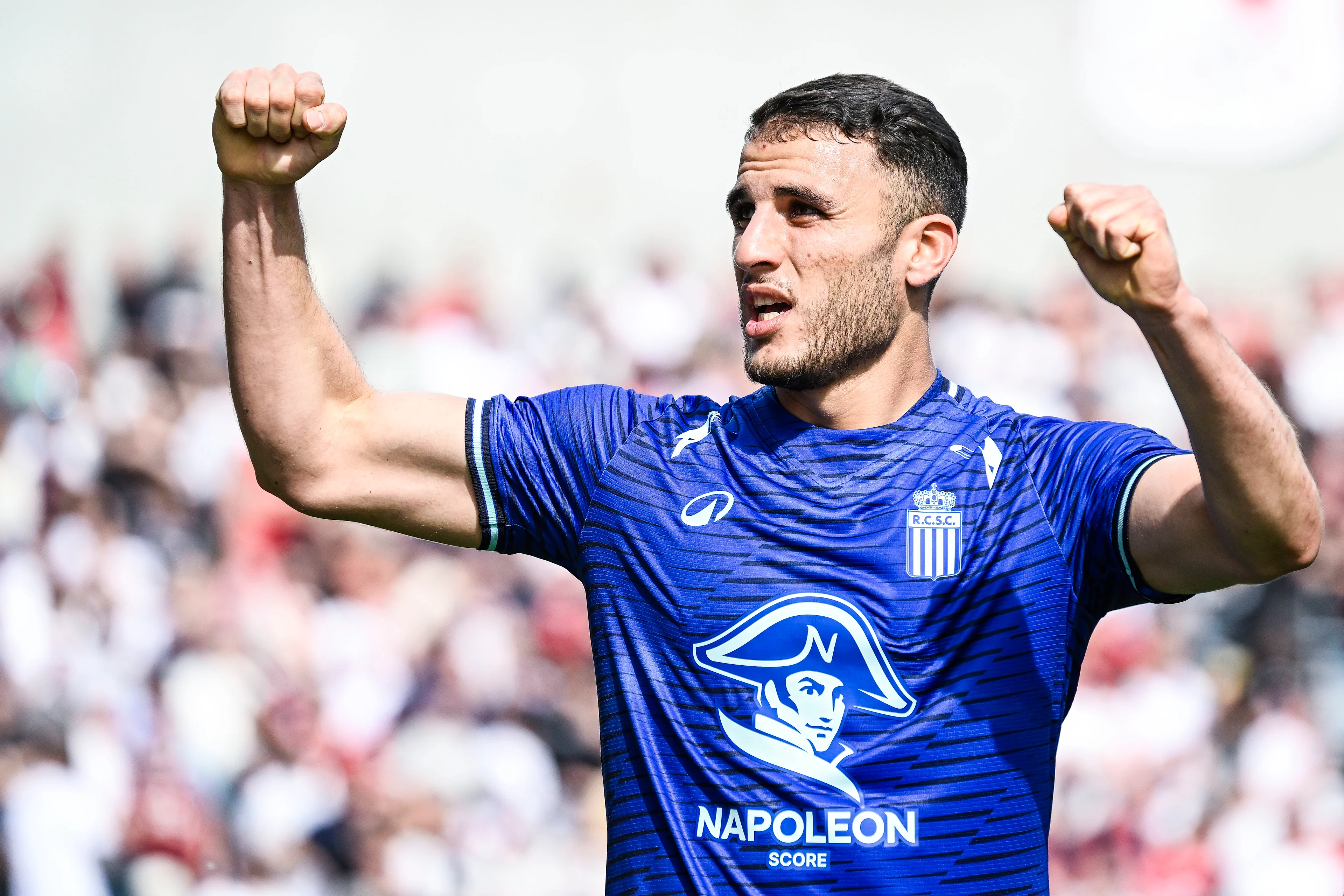 Charleroi's Yacine Titraoui celebrates after scoring during a soccer match between Royal Antwerp FC and Sporting Charleroi, Sunday 10 May 2026 in Antwerp, on the seventh day of the Europe Play-offs (PO2) of the 2025-2026 'Jupiler Pro League' first division of the Belgian championship. BELGA PHOTO TOM GOYVAERTS