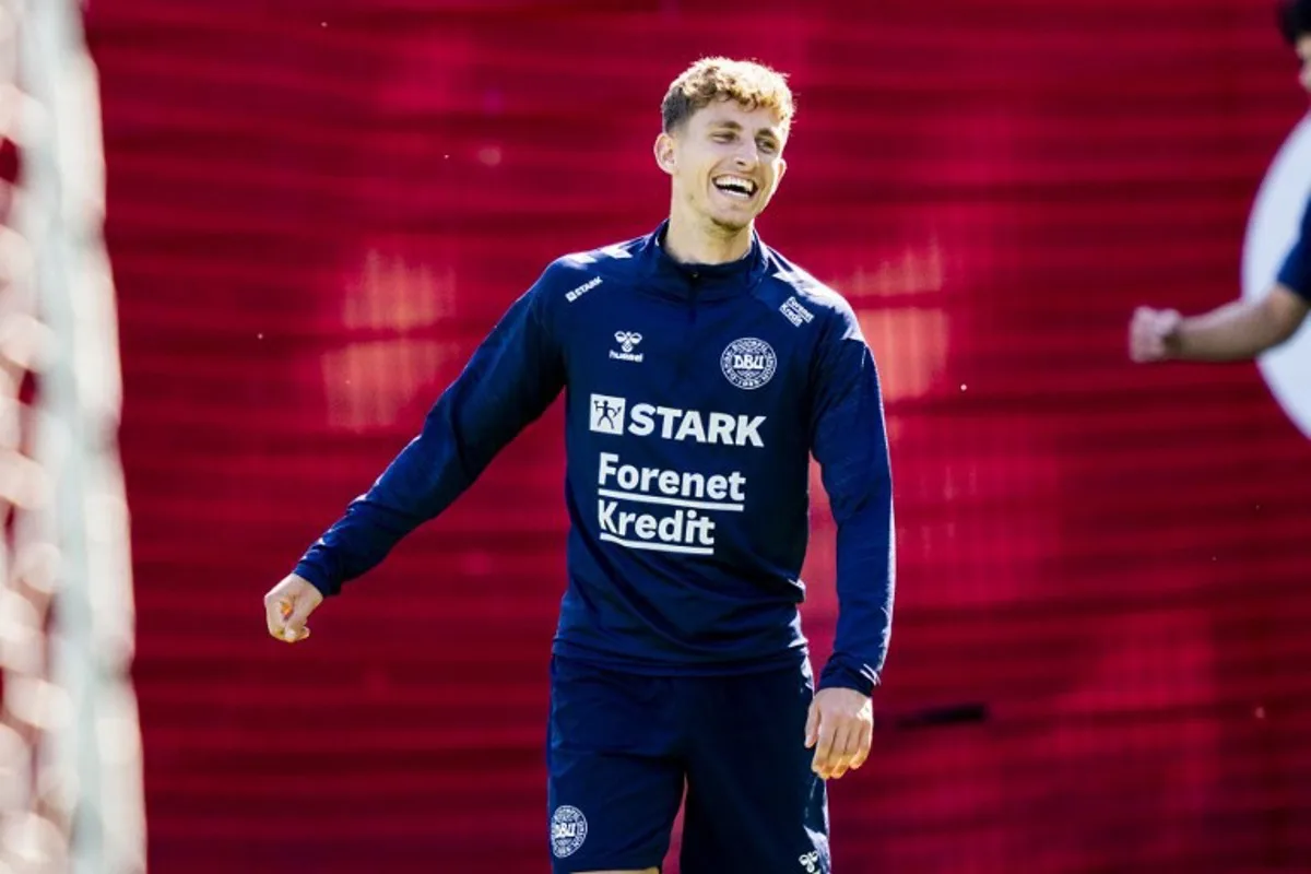 Danish midfielder Jesper Lindstrom attends a training session of the Danish national football team in Helsingor on September 6, 2024, ahead of the UEFA Nations League football match of Denmark v Serbia to be played on September 8, 2024 in Copenhagen. Ida Marie Odgaard / Ritzau Scanpix / AFP