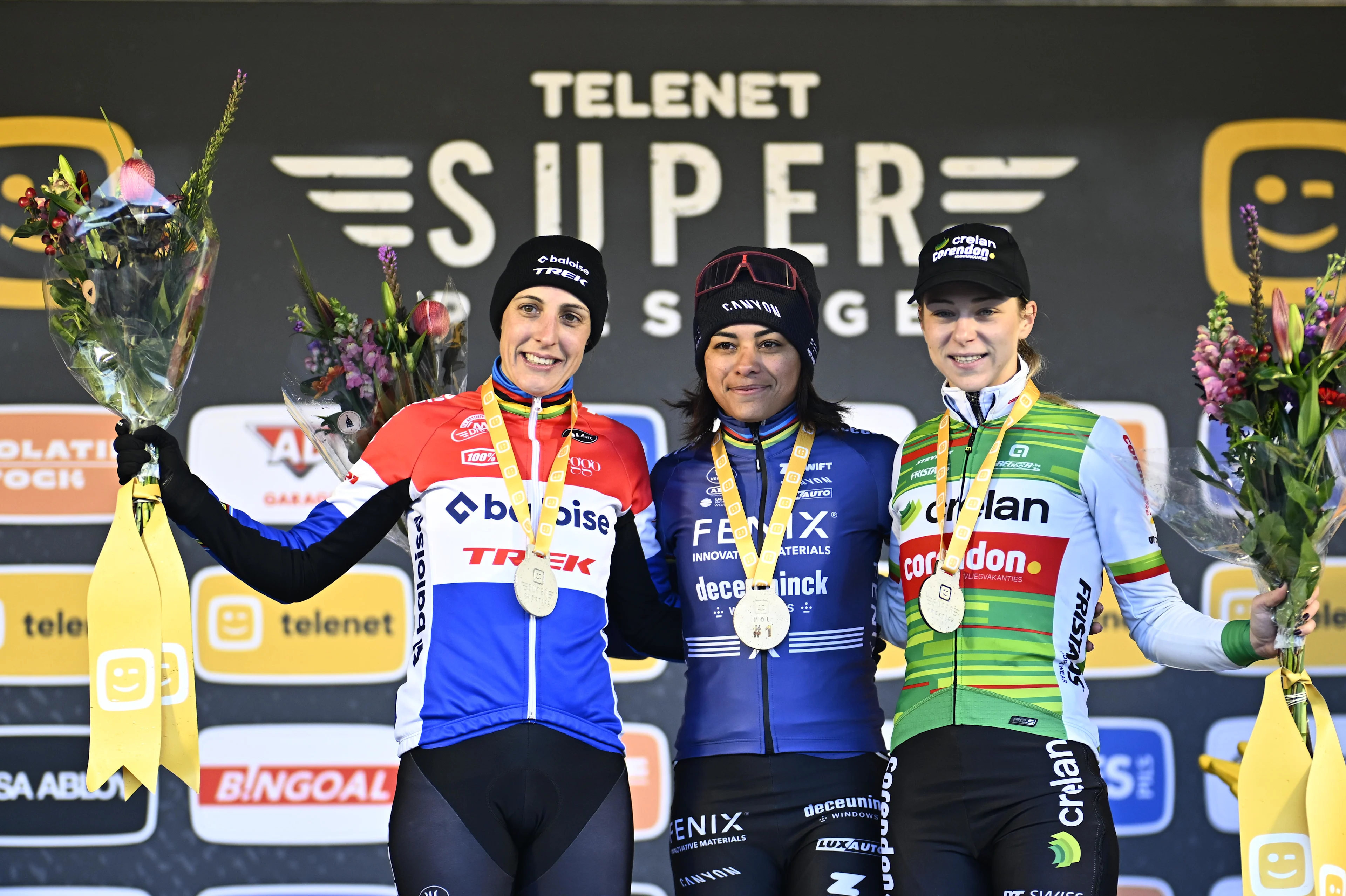 Dutch Lucinda Brand, Dutch Ceylin Del Carmen Alvarado and Dutch Inge van der Heijden pictured on the podium after the women's elite race of the superprestige cyclocross cycling event, race 5 out of 8, Monday 23 December 2024 in Mol. BELGA PHOTO JASPER JACOBS