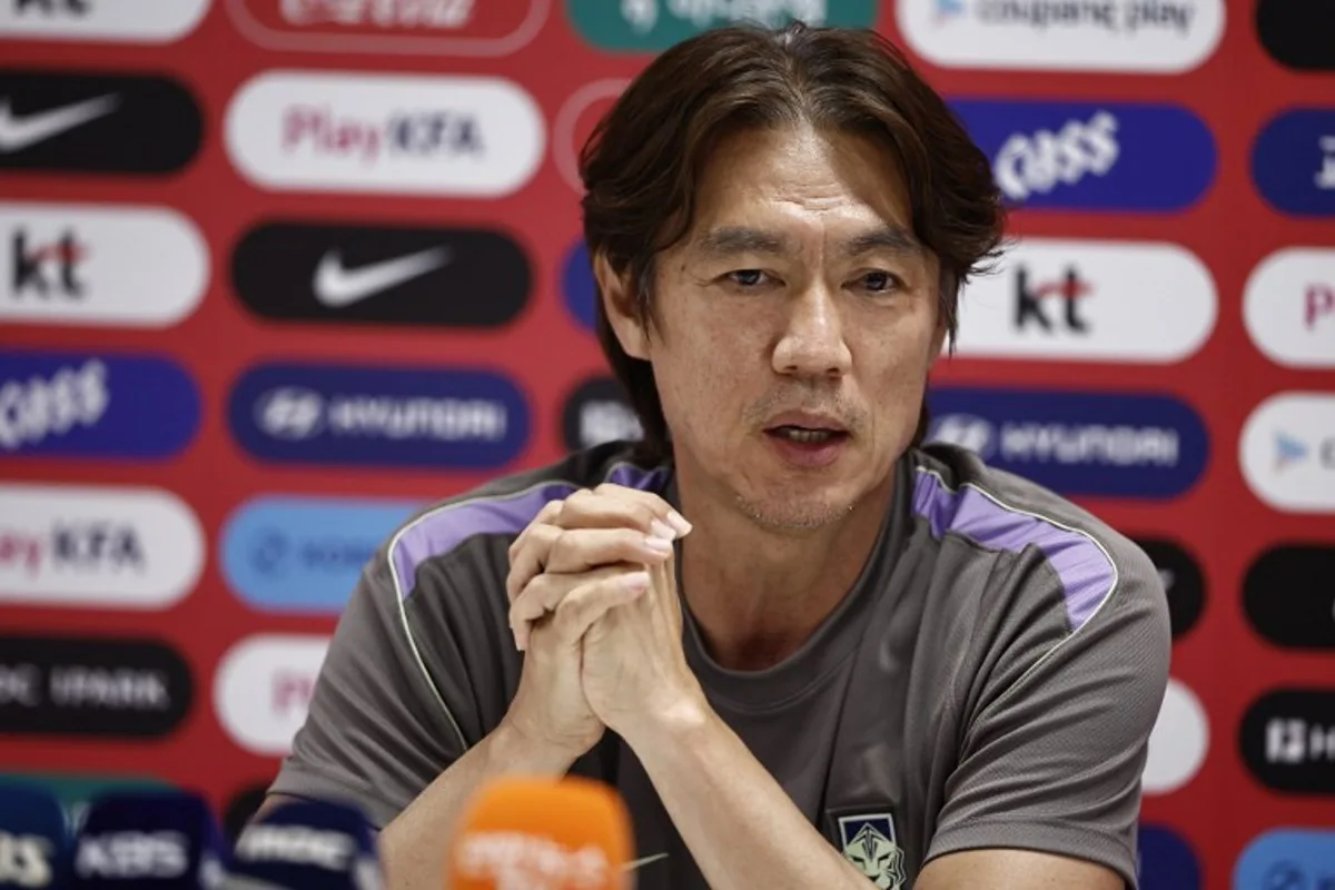South Korea's head coach Hong Myung-bo gives a press conference at Chivas Verde Valle in Guadalajara, Mexico on June 25, 2026, during the 2026 World Cup football tournament.  Ulises RUIZ / AFP