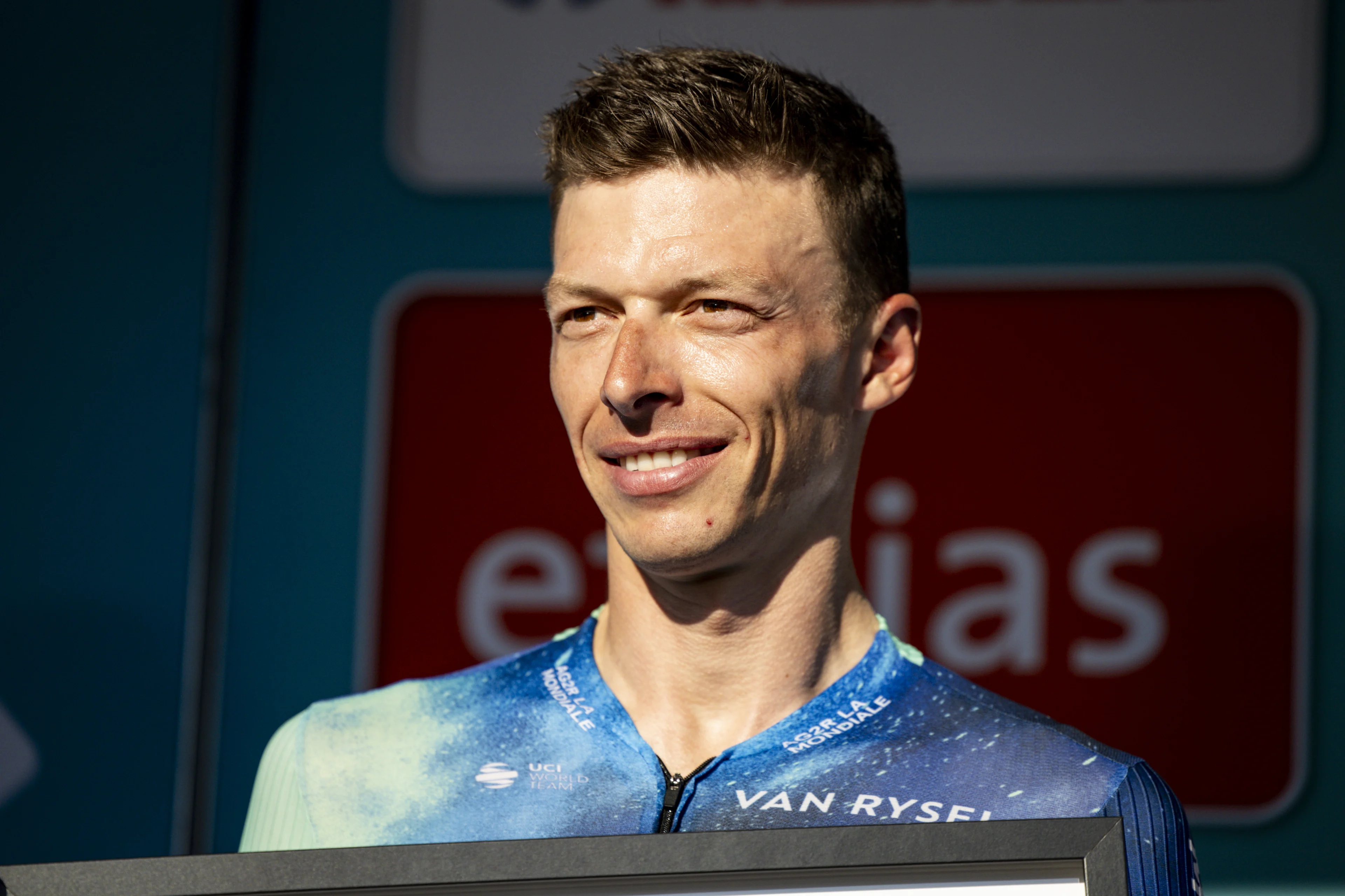 Belgian Oliver Naesen of Decathlon Ag2r La Mondiale Team pictured during the presentation of the teams ahead of the 'Renewi Tour' multi-stage cycling race starting tomorrow, on Tuesday 27 August 2024. The five-day race takes place in Belgium and the Netherlands.  BELGA PHOTO DAVID PINTENS