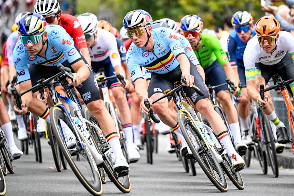 Belgian Gianni Vermeersch and Belgian Remco Evenepoel are pictured in action during the elite men Road Race race (273,7 km) at the cycling World Championship, in Montreal, Canada, Sunday 27 September 2026. The UCI road world championships are taking place from 20 to 27 September, in Montreal, Canada. BELGA PHOTO JASPER JACOBS