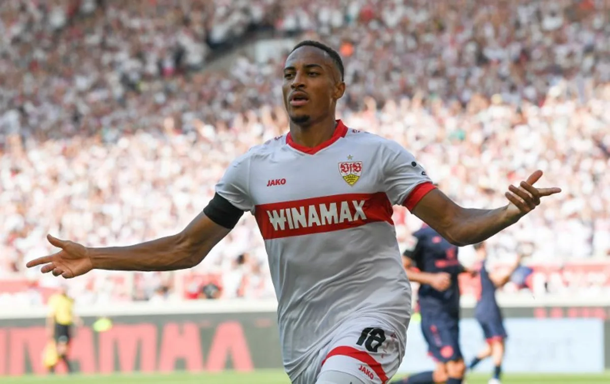 Stuttgart's German forward #18 Jamie Leweling celebrates after scoring the 2-0  during the German first division Bundesliga football match between VfB Stuttgart and Mainz 05 in Stuttgart, southern Germany, on August 31, 2024.  THOMAS KIENZLE / AFP