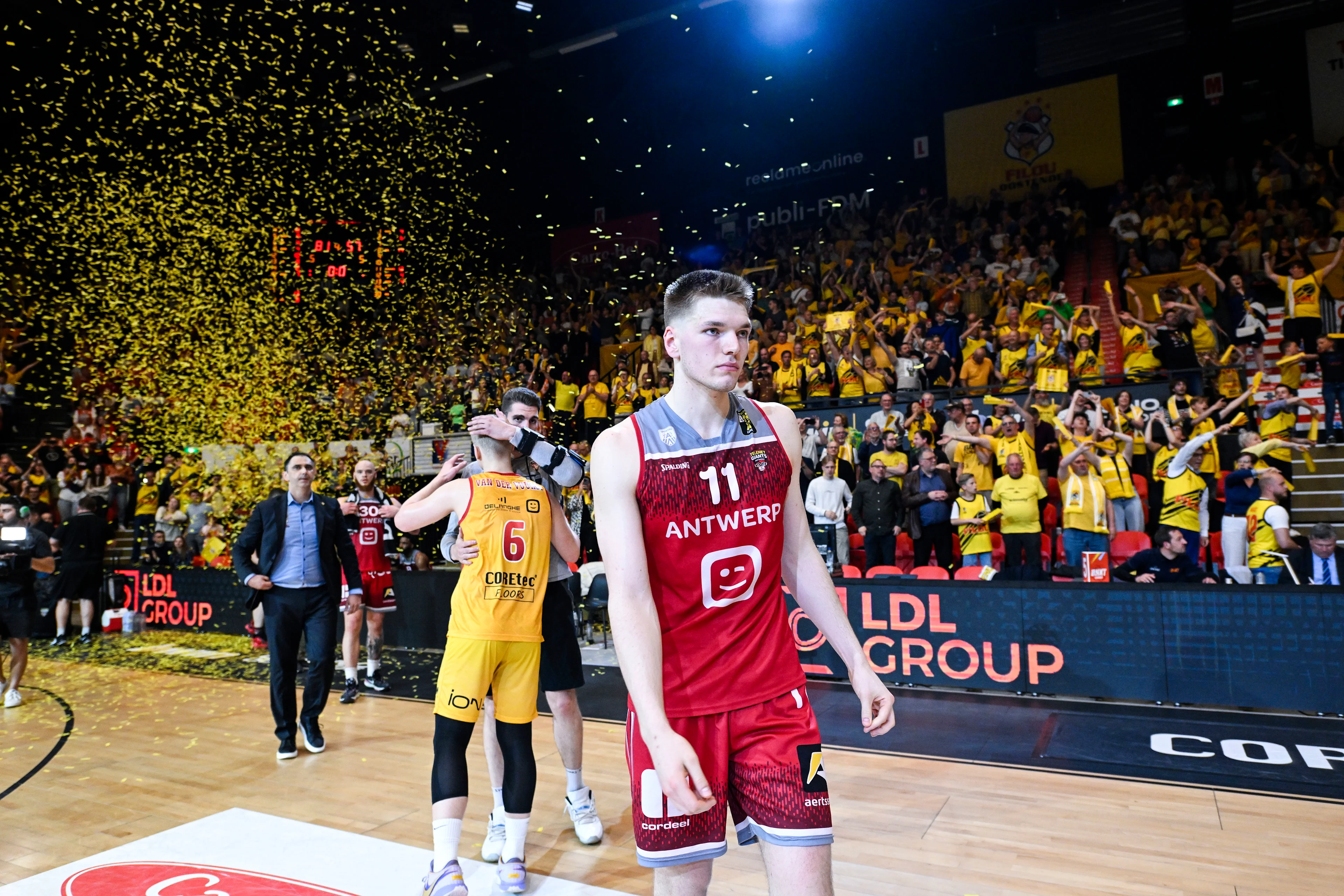 Antwerp's Thijs De Ridder shows defeat after a basketball match between BC Oostende and Antwerp Giants, Saturday 27 May 2023 in Oostende, the fourth match in the best-of-five finals of the 'BNXT League' Belgian first division basket championship. Oostende has won the game and its 12th national title in a row. BELGA PHOTO TOM GOYVAERTS