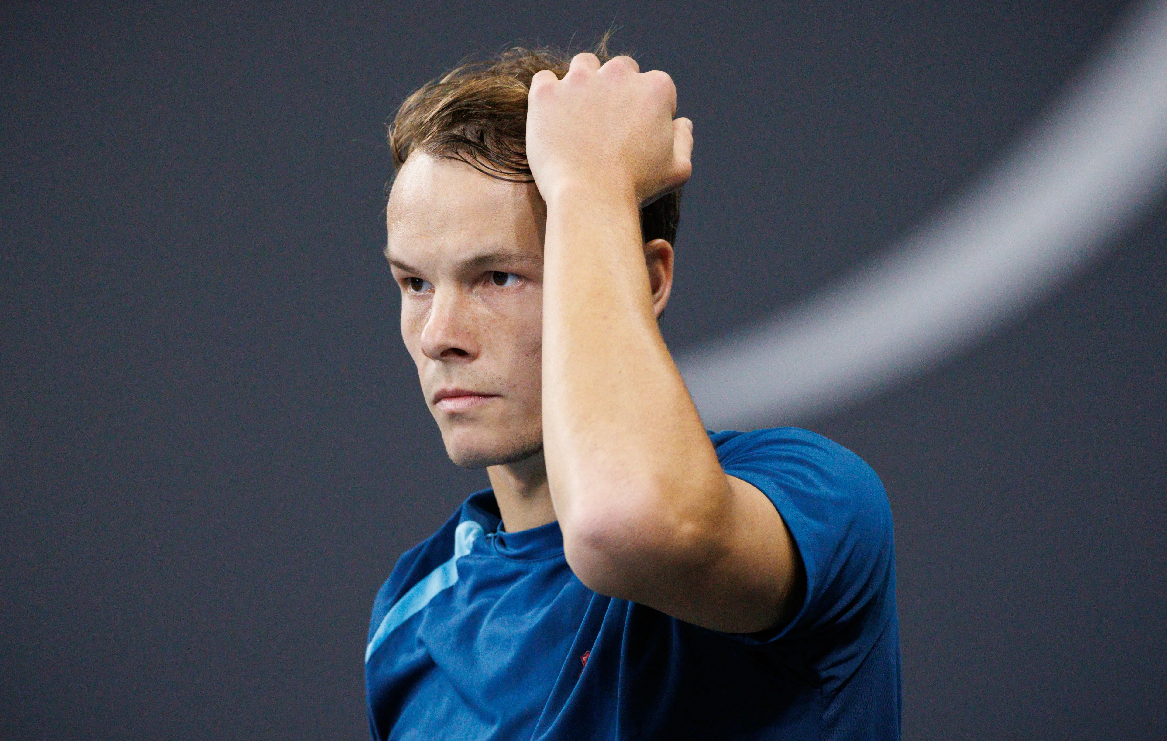 Belgian Michael Geerts pictured during a qualification game between Belgian Geerts and Canadian Diez in the men's singles at the BW Open ATP Challenger 125 tournament, in Louvain-la-Neuve, Monday 22 January 2024. THE BW Open takes place from 22 to 28 January. BELGA PHOTO BENOIT DOPPAGNE