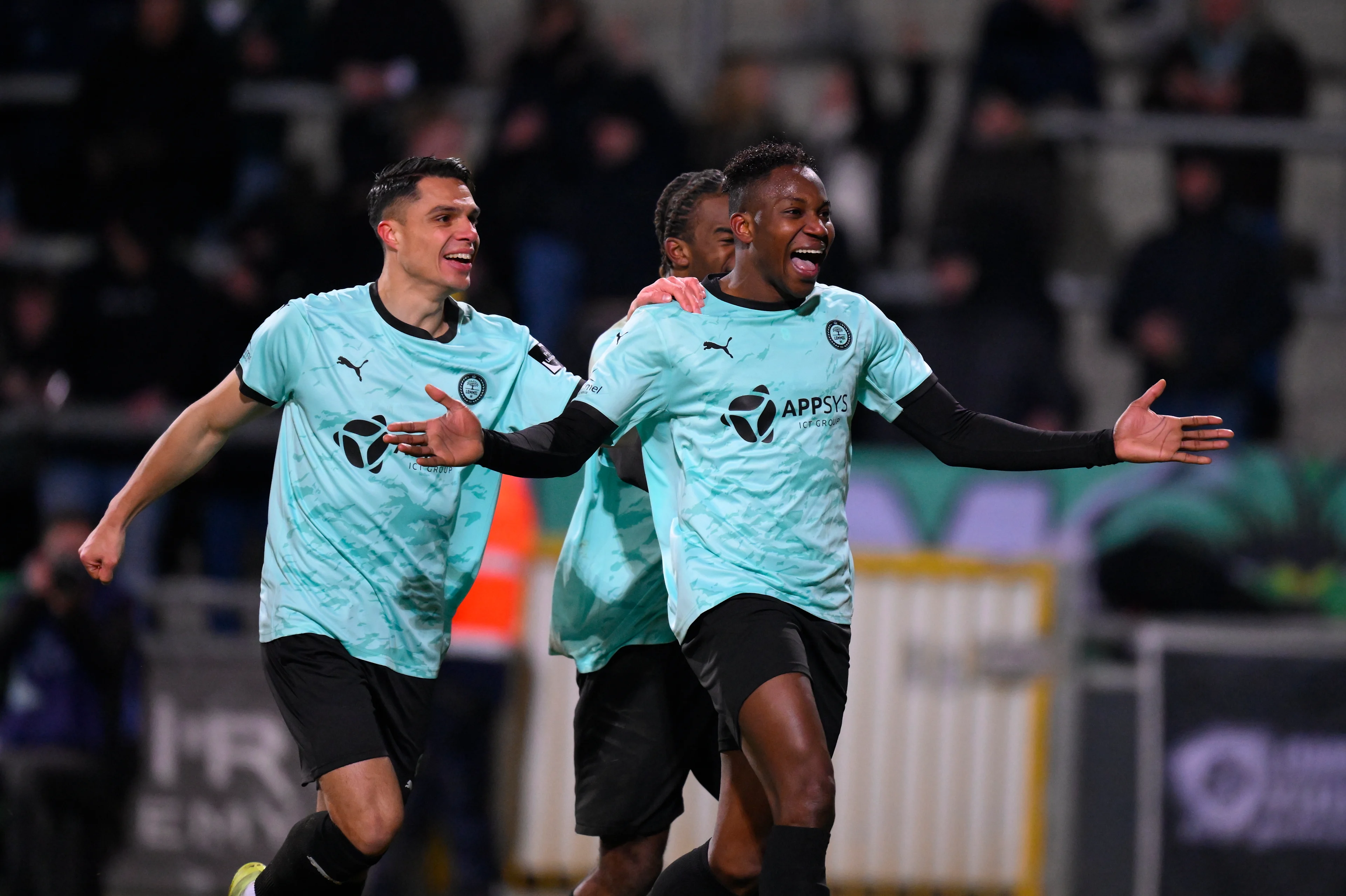 Lommel's Ibrahima Kebe (R) celebrates after scoring the 2-2 goal during a soccer match between KAS Eupen and Lommel SK, in Eupen, on day 20 of the 2024-2025 'Challenger Pro League' 1B second division of the Belgian championship, Saturday 01 February 2025. BELGA PHOTO JOHN THYS