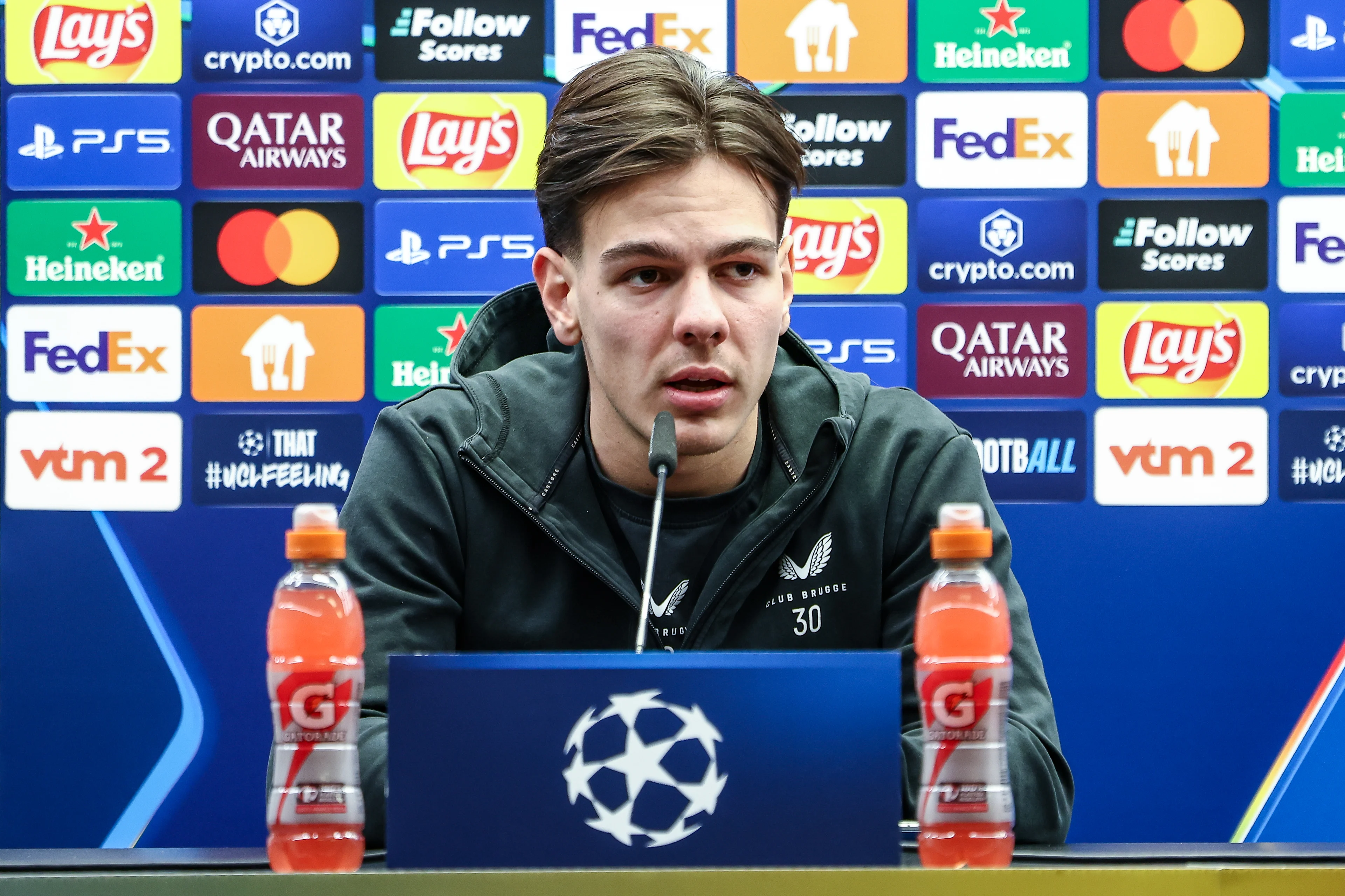 Club's Ardon Jashari pictured during a press conference of Belgian Club Brugge KV, Monday 20 January 2025 in Brugge. Tomorrow, they will play against Italian club Juventus, on the seventh day (out of 8) of the UEFA Champions League league phase. BELGA PHOTO BRUNO FAHY