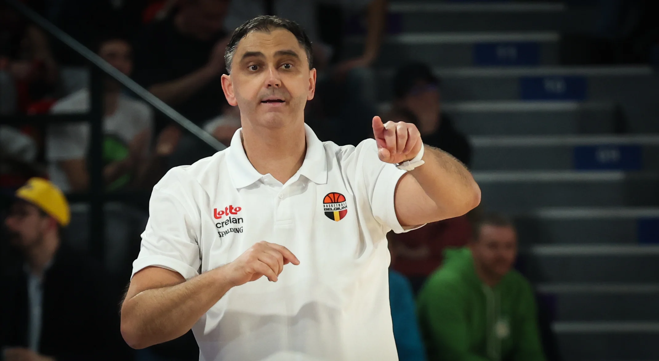 Belgium's head coach Dario Gjergja gestures during a basketball match between Belgium's national team Belgian Lions and Slovakia, Thursday 20 February 2025 in Charleroi, game 5/6 in the group stage of the qualifications for the Eurobasket 2025 European championships. BELGA PHOTO VIRGINIE LEFOUR