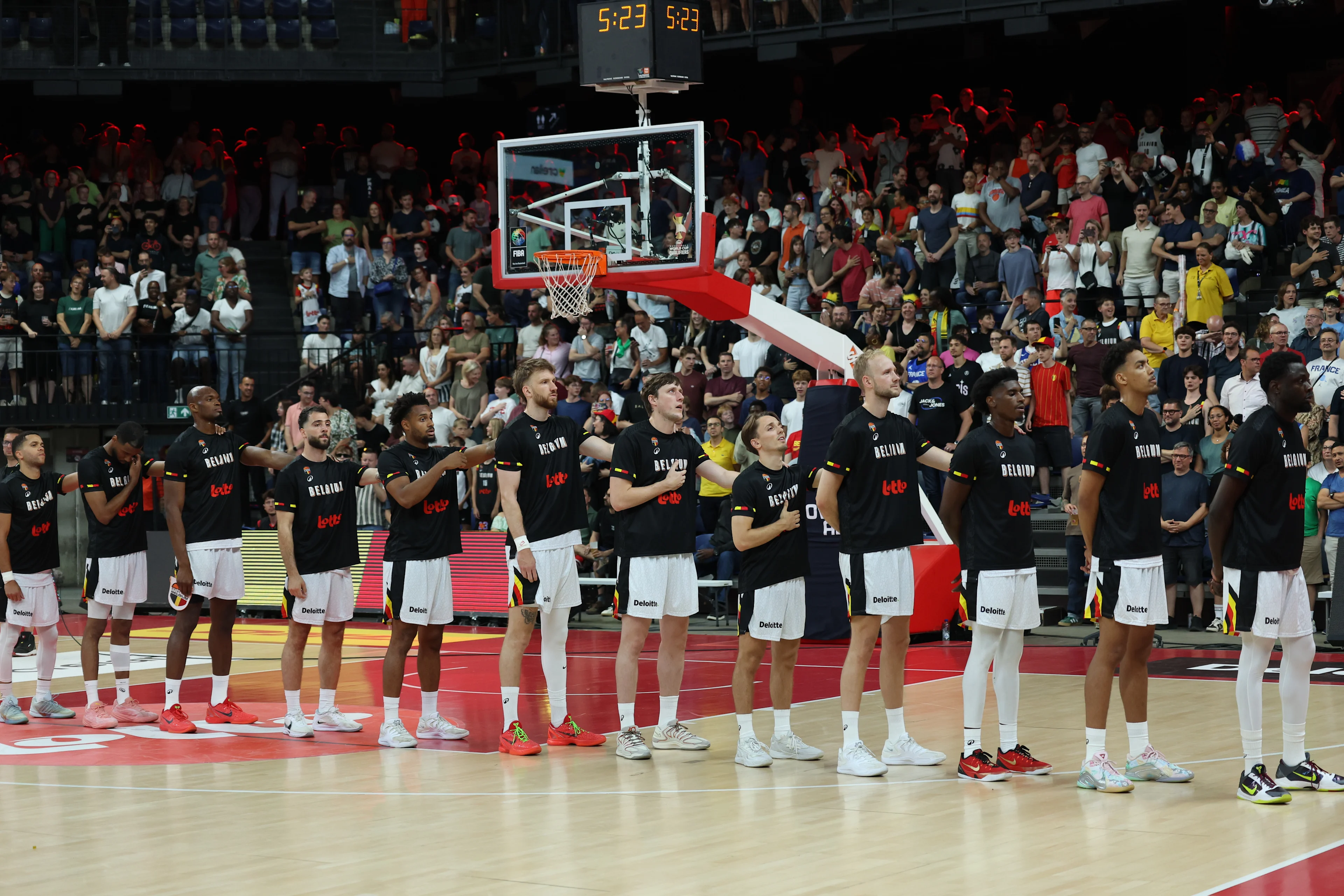 Belgium's players pictured at the start of a basketball match between Belgian national team Belgian Lions and France, Friday 03 July 2026 in Antwerp, qualifier 5/6 for the men's 2027 FIBA World Championships. BELGA PHOTO VIRGINIE LEFOUR