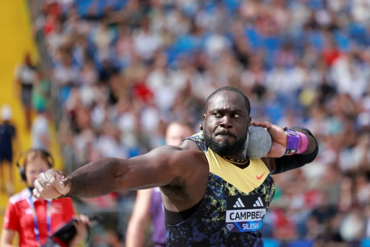 Jamaica's Rajindra Campbell competes in the men's shot put event of the Silesia Diamond League athletics meeting in Katowice, Poland, on August 23, 2026. Wojtek RADWANSKI / AFP
