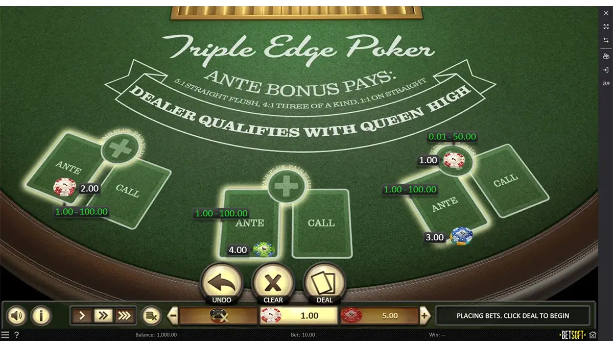 Triple Edge Poker van Betsoft met een spelinterface die een sterke pokerhand toont, inclusief community cards en mogelijke winsten in een online casino.