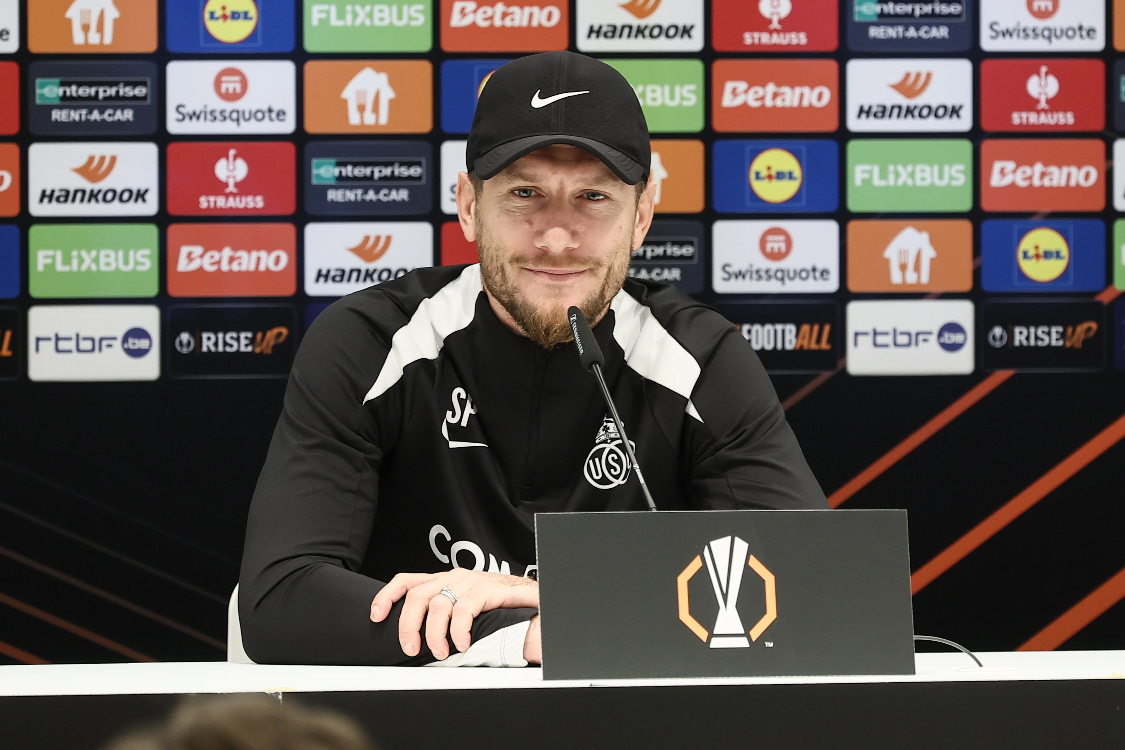 Union's head coach Sebastien Pocognoli pictured during a press conference of Belgian soccer team Royale Union Saint-Gilloise in Brussels, on Wednesday 06 November 2024. The team prepares for tomorrow's match against Italian team AS Roma, in the fourth day (out of 8) of the League phase of the UEFA Europa League tournament. BELGA PHOTO BRUNO FAHY