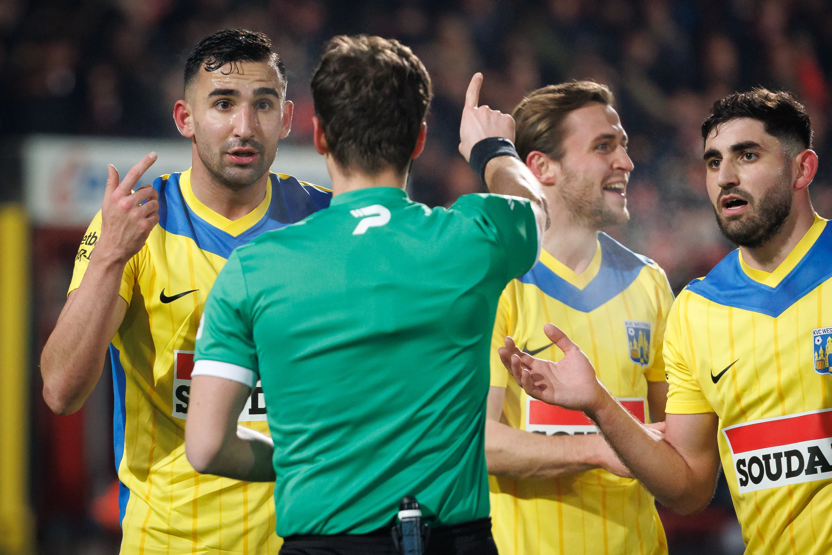 Westerlo's Emin Bayram receives a red card from referee Lawrence Visser during a soccer match between KV Kortrijk and KVC Westerlo, Sunday 02 February 2025 in Kortrijk, on day 24 of the 2024-2025 season of the 'Jupiler Pro League' first division of the Belgian championship. BELGA PHOTO KURT DESPLENTER