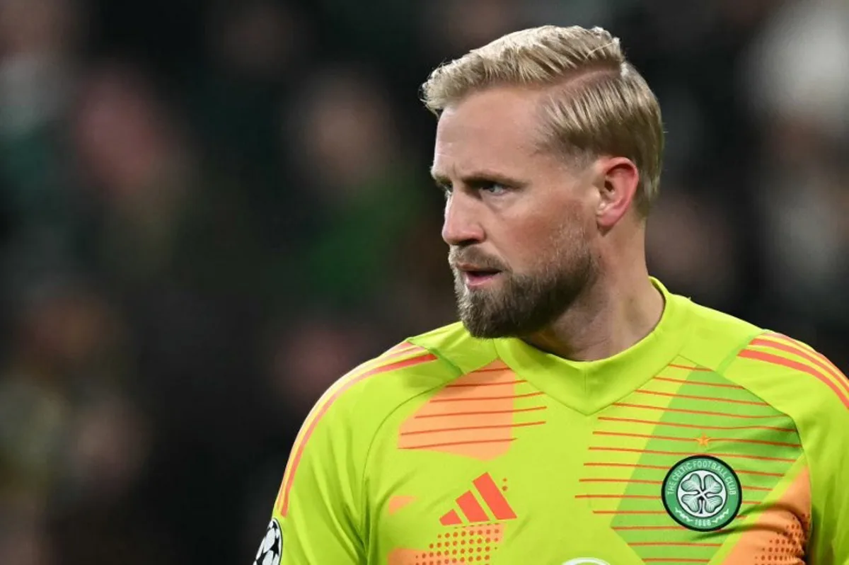 Celtic's Danish goalkeeper #01 Kasper Schmeichel reacts during the UEFA Champions League football match between Celtic and Club Brugge at Celtic Park stadium in Glasgow, Scotland on November 27, 2024.   Paul ELLIS / AFP