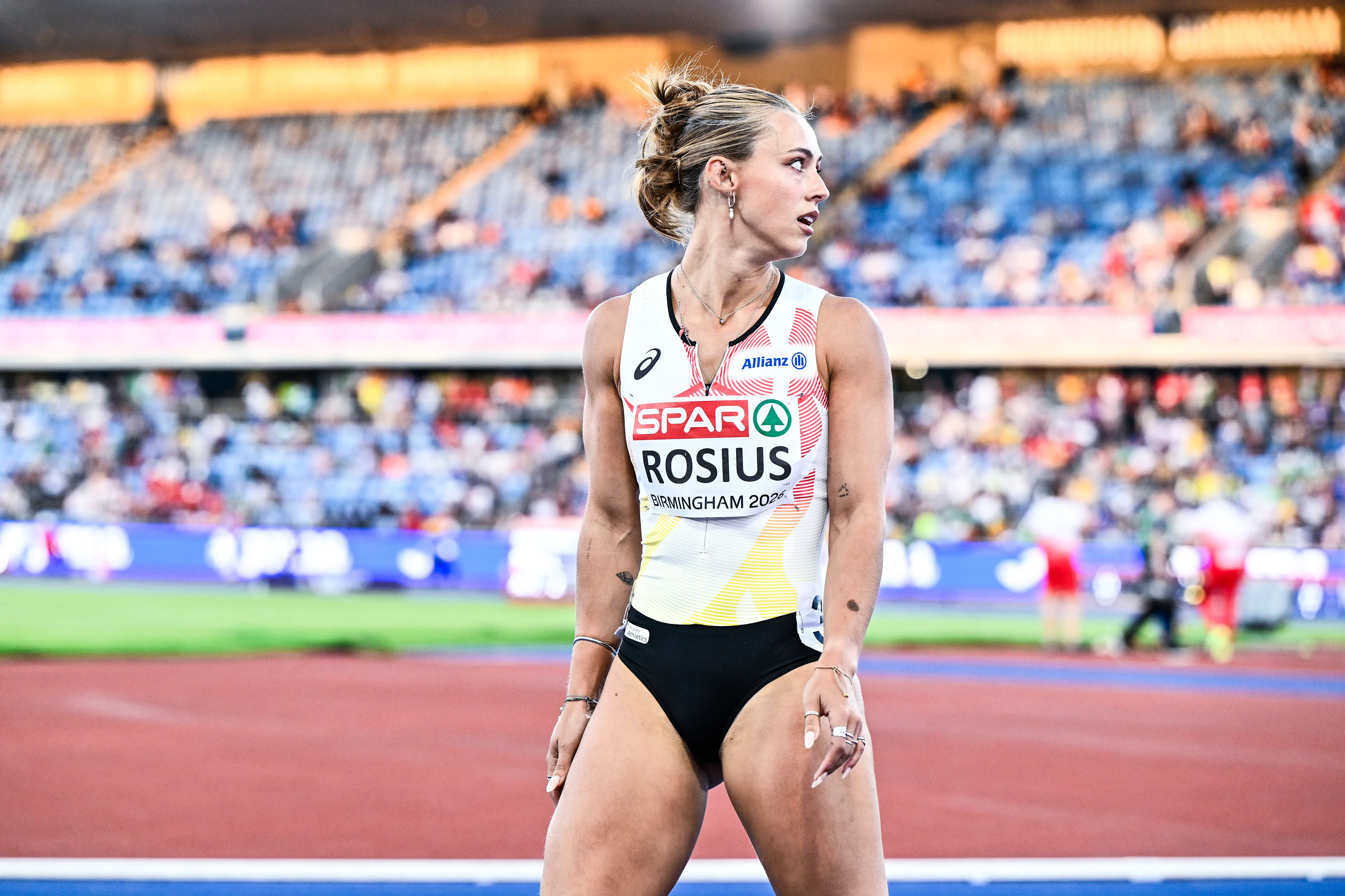 Belgian Rani Rosius reacts at the end of the semi-finals of the women's 100m race at the European Athletics Championships (August 10-18) in Birmingham, United Kingdom, on Monday 10 August 2026. BELGA PHOTO ERIC LALMAND