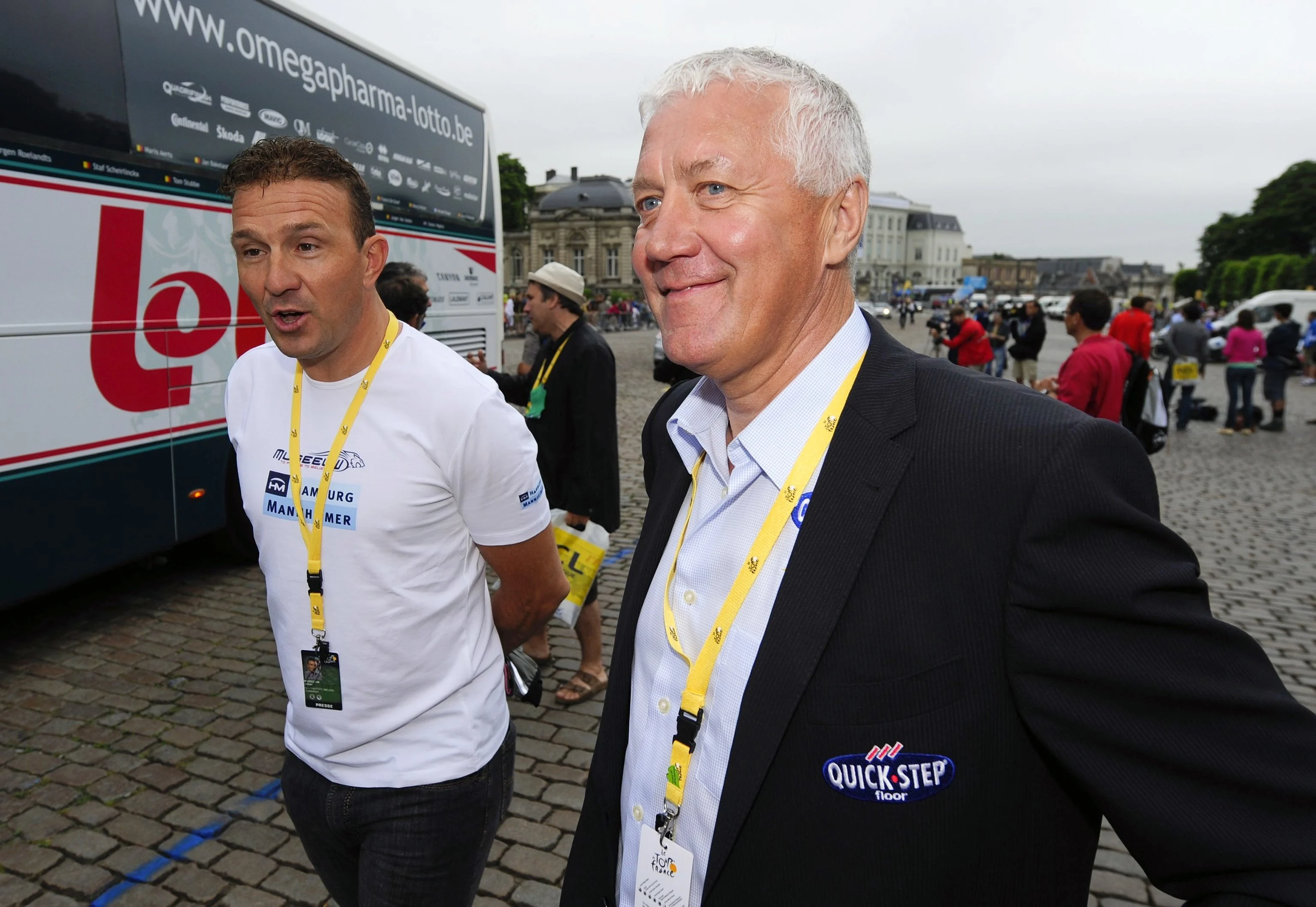 20100705 - BRUSSELS, BELGIUM: Belgian Patrick Lefevere, team manager of team Quick Step (R) and Johan Museeuw pictured prior to the second stage of the 2010 Tour de France, from Brussels to Spa, 192 km, Monday 05 July 2010 in Brussels, Belgium. The 97th edition of the Tour de France cycling race runs till 25 July 2010. BELGA PHOTO ERIC LALMAND