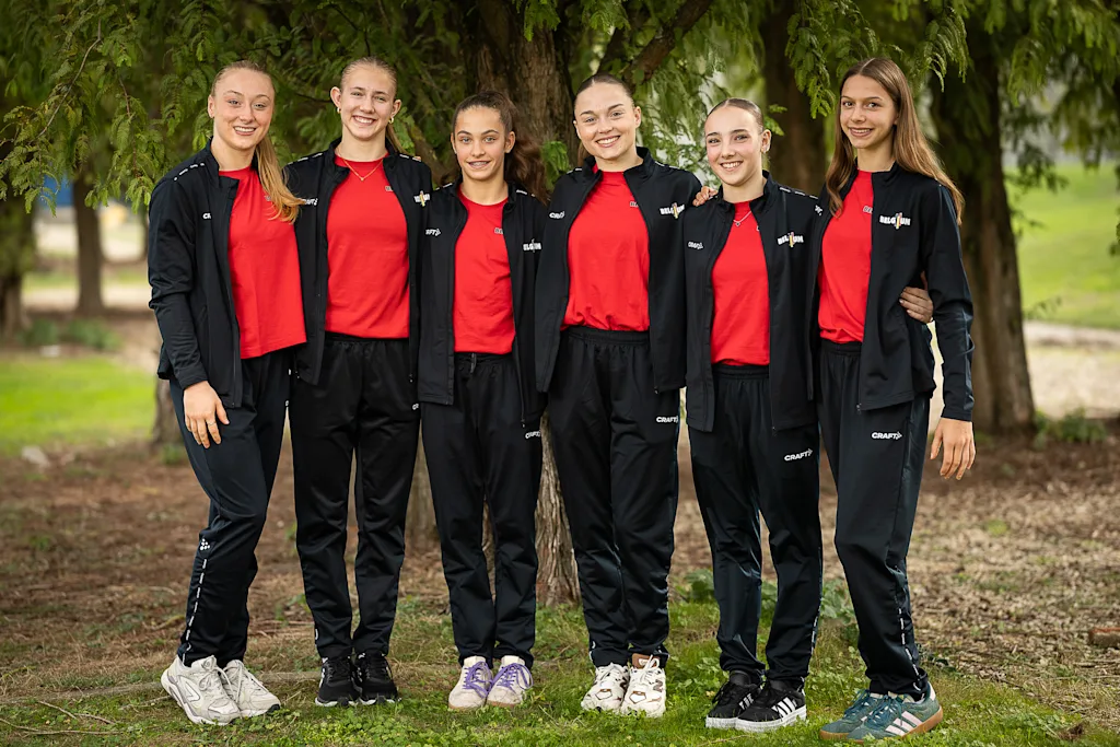 Female team members pose for the photographer a press moment of Belgium's artistic gymnastics team, Wednesday 7 October 2026, in Gent, ahead of the Worlds Championships in Rotterdam from 17 to 25 October 2026. BELGA PHOTO JAMES ARTHUR