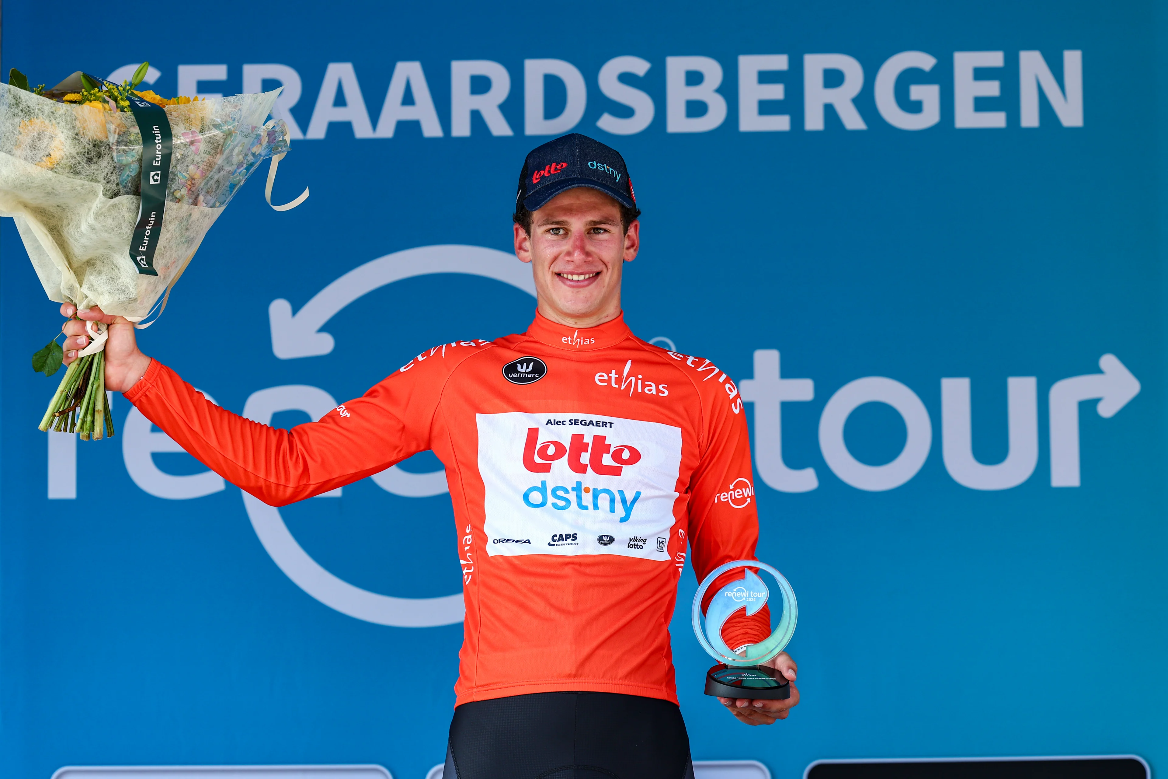 Belgian Alec Segaert of Lotto Dstny pictured on the podium after the fifth and last stage of the 'Renewi Tour' multi-stage cycling race, from Menen to Geraardsbergen (202,5 km) on Sunday 01 September 2024. The five-day race takes place in Belgium and the Netherlands. BELGA PHOTO DAVID PINTENS