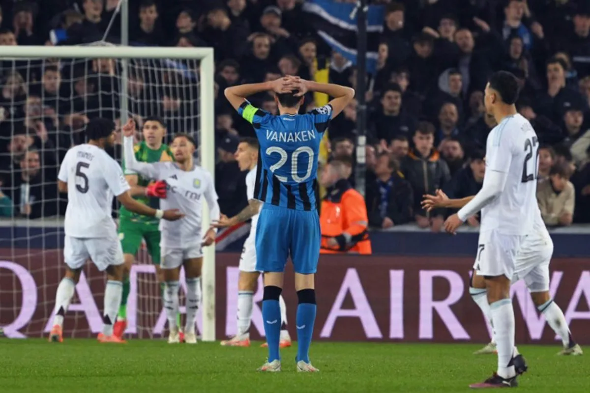 Club Brugge's Belgian midfielder #20 Hans Vanaken (C) reacts  during the UEFA Champions League round of 16 first leg football match between Club Brugge KV and Aston Villa FC at the Jan Breydel Stadium in Bruges, on March 4, 2025.  NICOLAS TUCAT / AFP