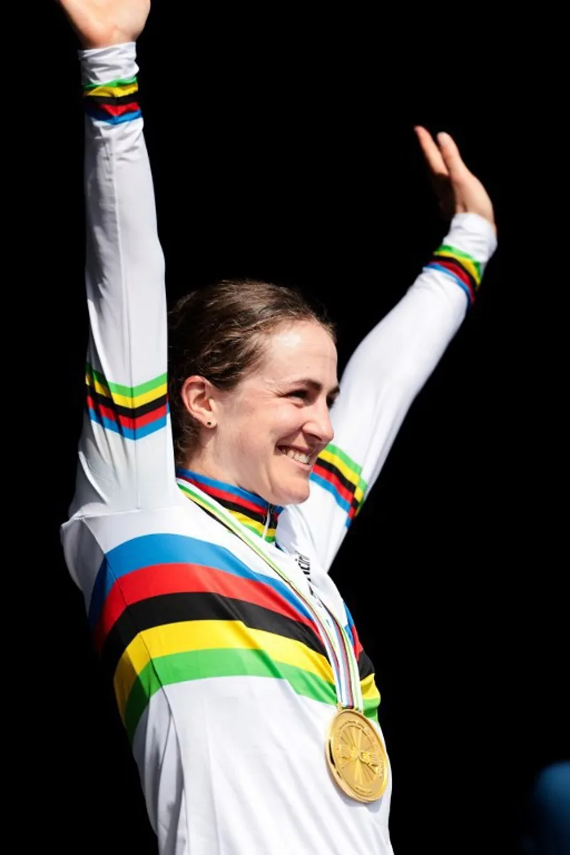 Gold medallist Australia's Grace Brown poses on the podium of the women's Elite Individual Time Trial cycling event, 29,9km from Gossau to Zurich, during the UCI 2024 Road World Championships, in Zurich, on September 22, 2024.  Alex WHITEHEAD / POOL / AFP