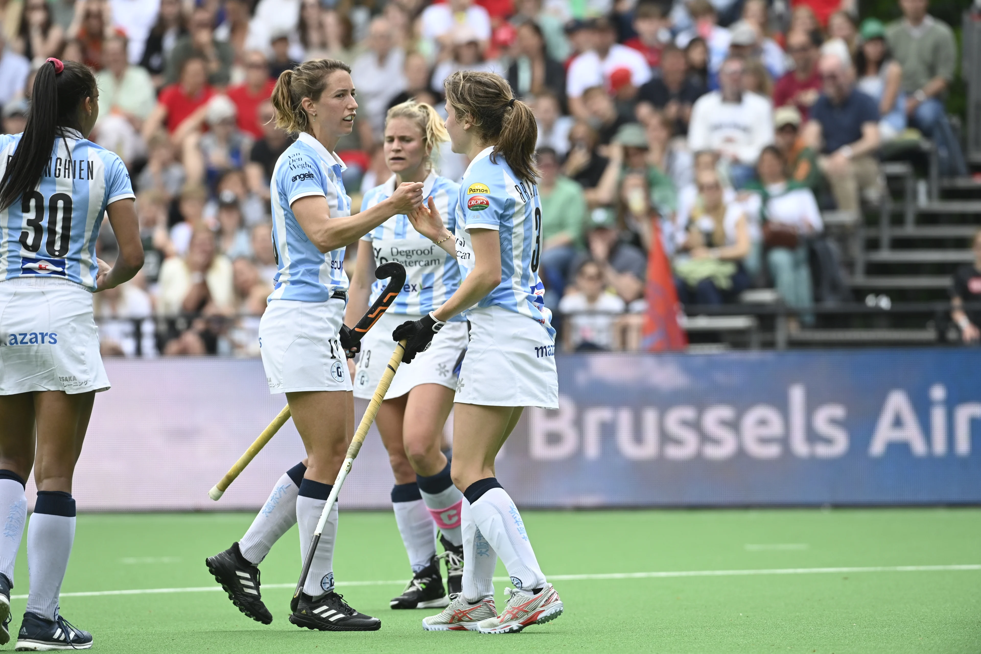 Gantoise's Barbara Nelen and Gantoise's Helene Brasseur pictured during a hockey game between KHC Dragons and Gantoise, Sunday 21 May 2023 in Brasschaat, the second leg of the finals in the play-offs for the Belgian Women Hockey League season 2022-2023. BELGA PHOTO JOHN THYS