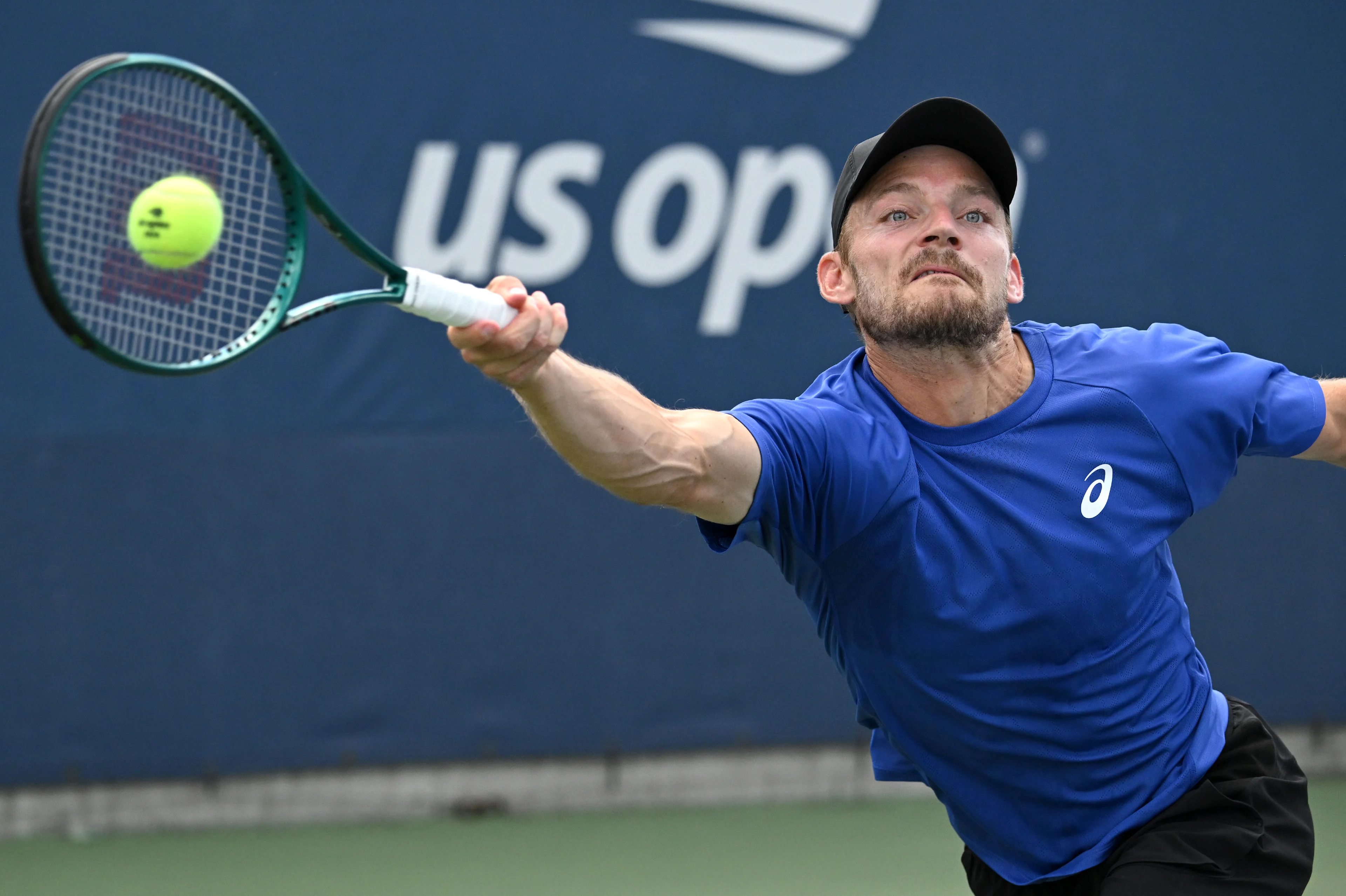 Belgian David Goffin pictured in action during a tennis match against French Halys, in the first round of the men's singles of the 2025 US Open Grand Slam tennis tournament in New York City, USA, Tuesday 26 August 2025. BELGA PHOTO TONY BEHAR
