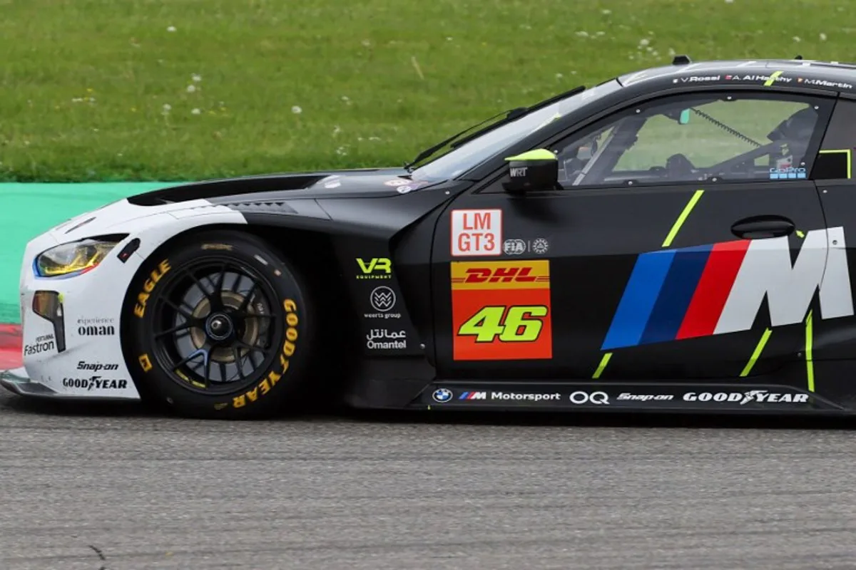 Team WRT drives their BMW car N° 46, droven by Ahmad Al Harthy, Valentino Rossi and Maxime Martin, during the FIA World Endurance Championship 2024 6 hour race of Spa-Francorchamps in Francorchamps, on May 10, 2024.  François WALSCHAERTS / AFP