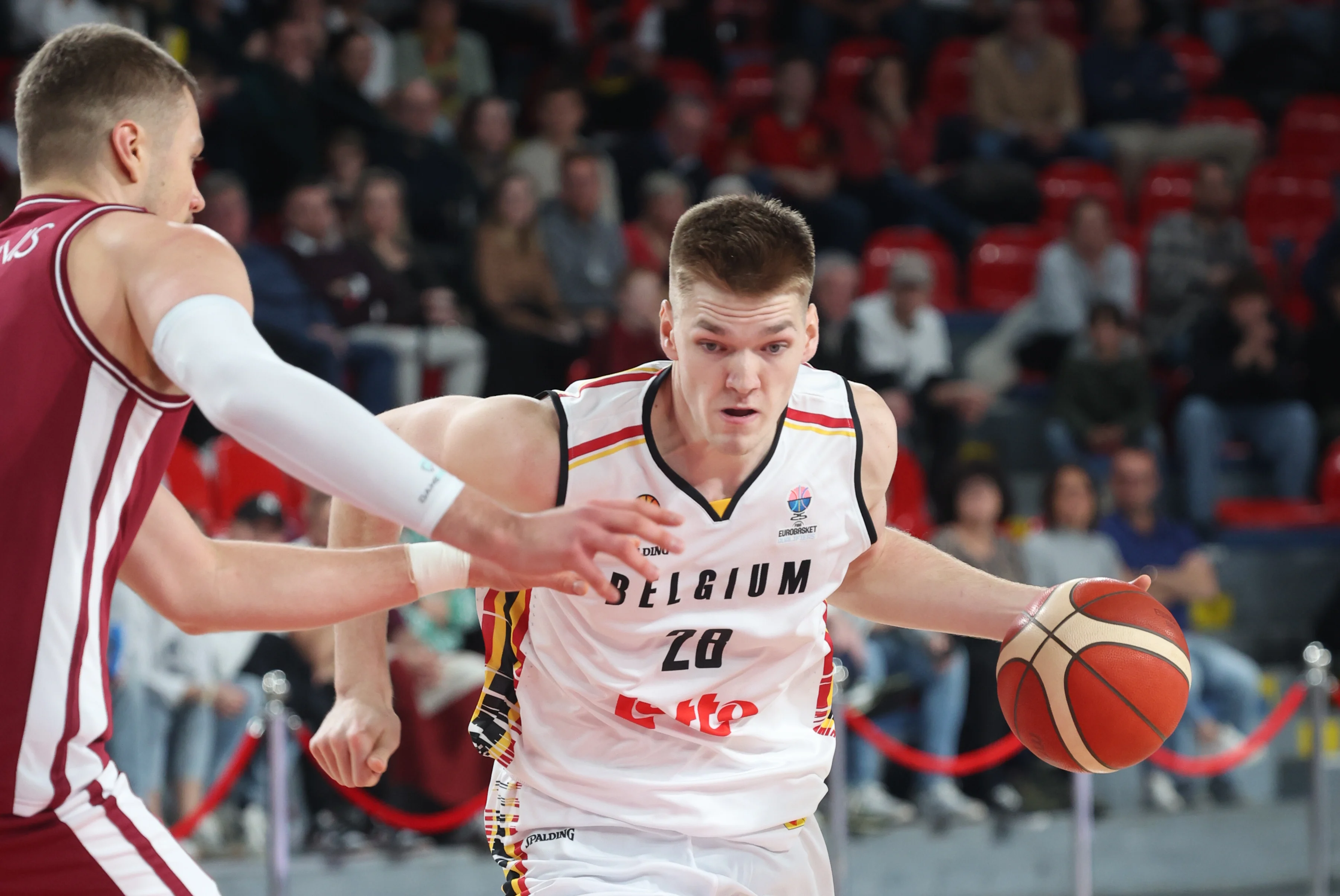 Belgium's Thijs De Ridder fights for the ball during a basketball match between Belgium's national team Belgian Lions and Latvia, Monday 25 November 2024 in Charleroi, game 4/6 in the group stage of the qualifications for the Eurobasket 2025 European championships. BELGA PHOTO VIRGINIE LEFOUR