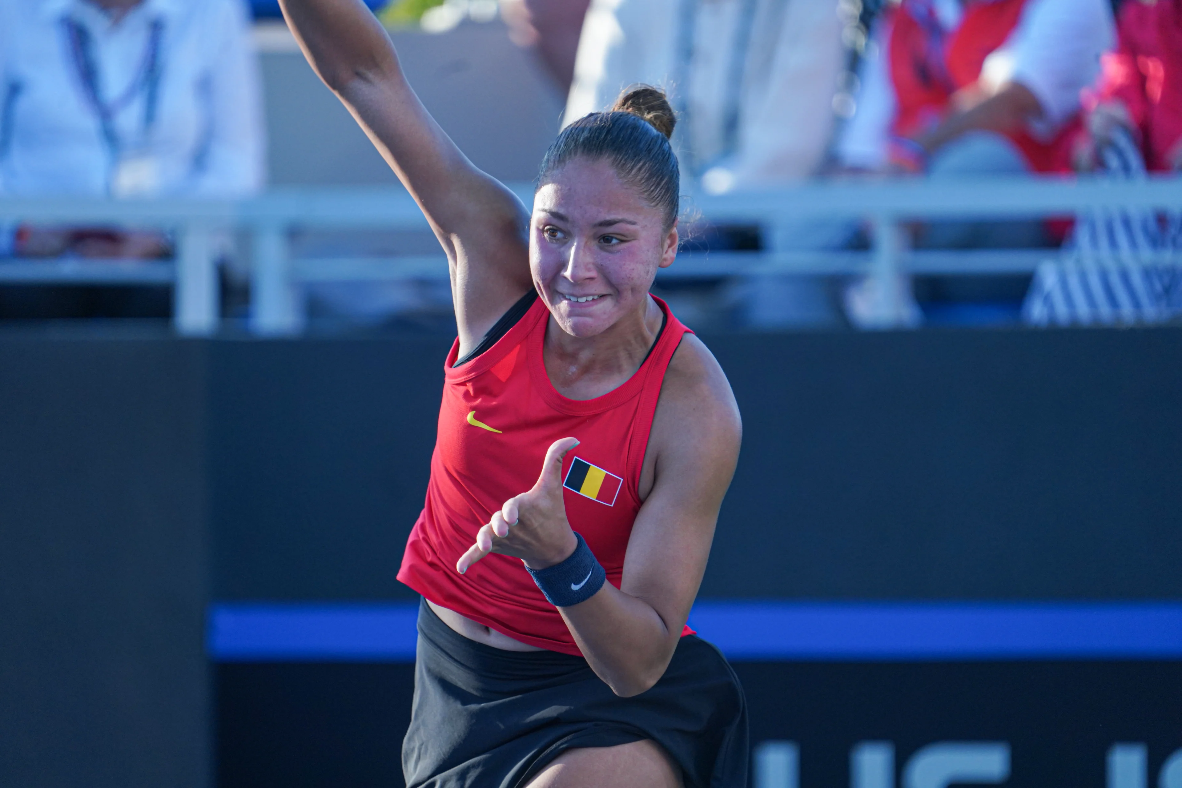 Belgian Sofia Costoulas pictured in action during the first match between US Pegula (WTA 5) and Belgian Costoulas (WTA 279) on the first day of the meeting between USA and Belgium, in the qualification round in the world group for the final of the Billie Jean King Cup tennis, in Orlando, Florida, USA, on Friday 12 April 2024. BELGA PHOTO MARTY JEAN LOUIS