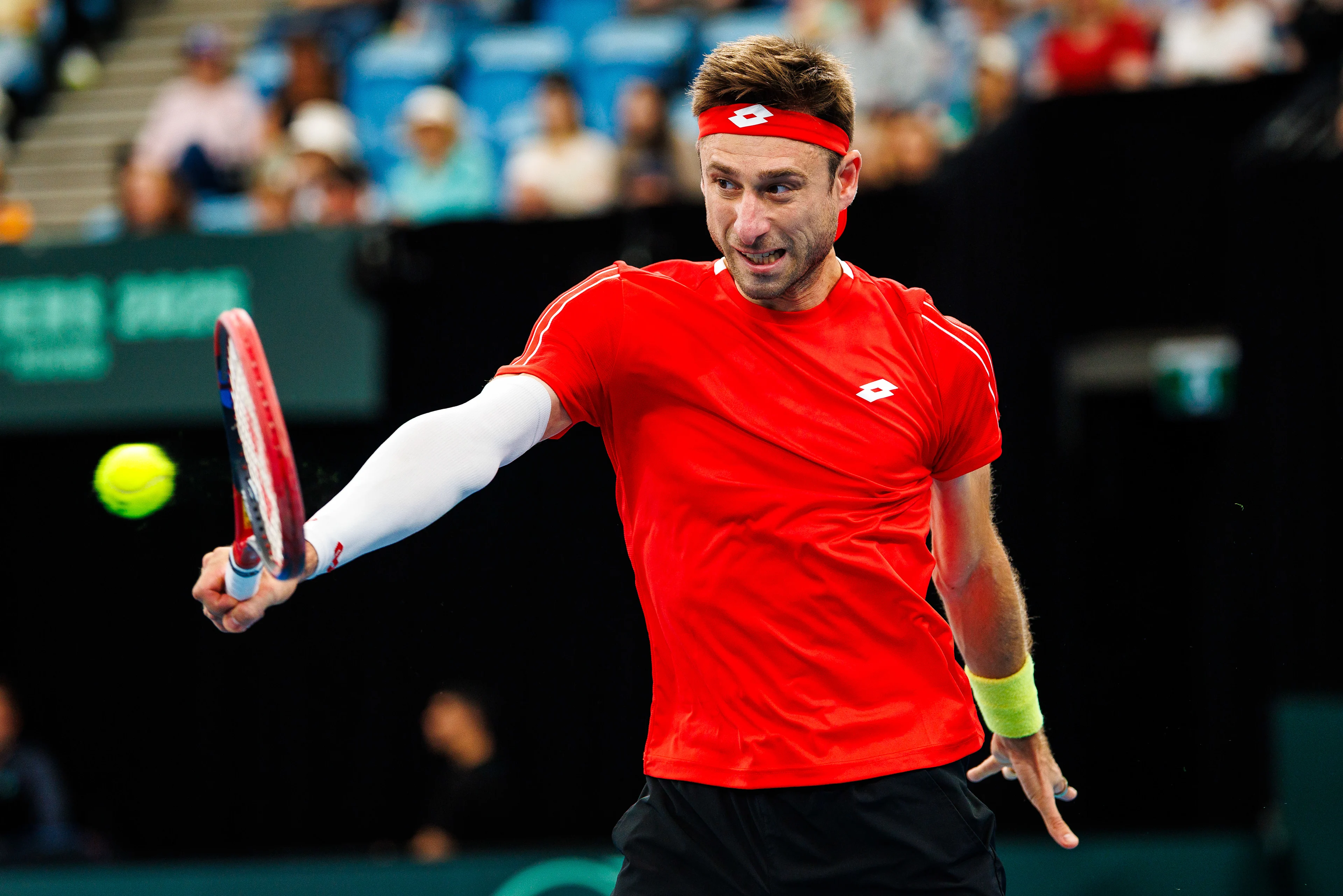 Belgian Sander Gille pictured in action duringa a tennis match between Belgian Vliegen/Gille and Australian Hijikata/Thompson, during the qualifier of the Davis Cup, Sunday 14 September 2025, in Sydney, Australia. Belgium and Australia will compete this weekend in the second round of the Davis Cup qualifiers. BELGA PHOTO PATRICK HAMILTON