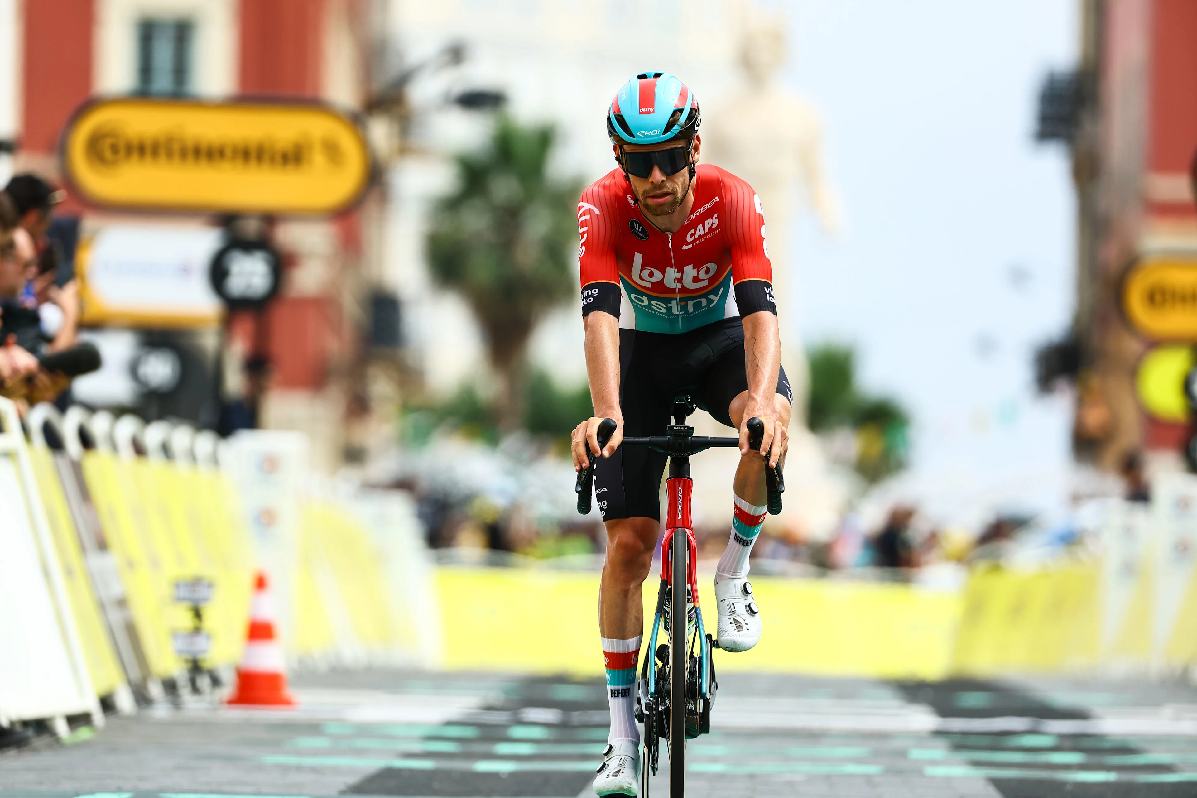 Belgian Harm Vanhoucke of Lotto Dstny crosses the finish line of stage 21, the final stage of the 2024 Tour de France cycling race, an individual time trial from Monaco to Nice, France (33,7 km) on Sunday 21 July 2024. The 111th edition of the Tour de France starts on Saturday 29 June and will finish in Nice, France on 21 July. BELGA PHOTO DAVID PINTENS