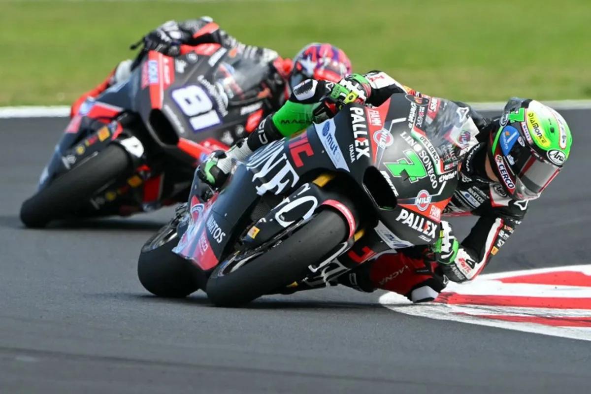 Fantic Racing Lino Sonego team's Belgian Moto2 rider Barry Baltus corners during the Moto2 race as part of the San Marino Moto GP at the Misano World Circuit Marco Simoncelli, in Misano Adriatico, northern Italy, on September 14, 2025. Andreas SOLARO / AFP
