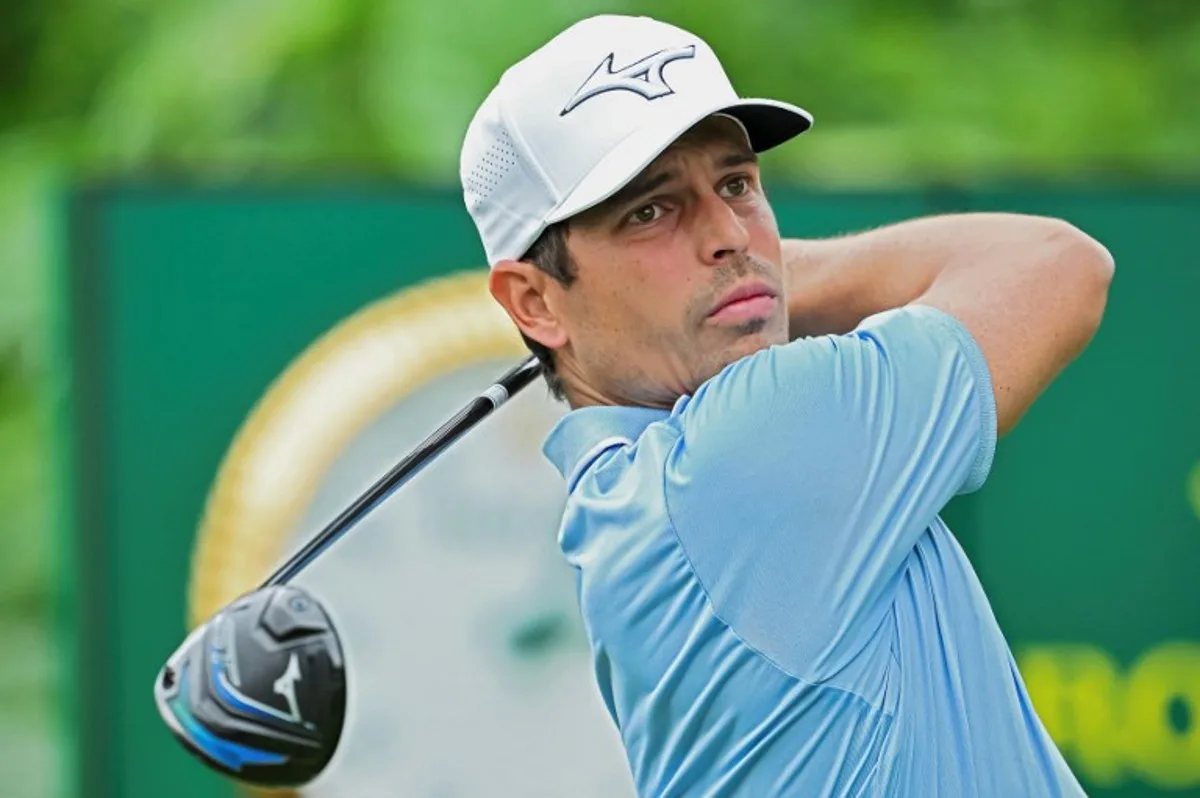 France's Adrien Saddier plays a shot during the second round of China Open Golf tournament in Shenzhen, in southern China's Guangdong province on May 3, 2024. AFP