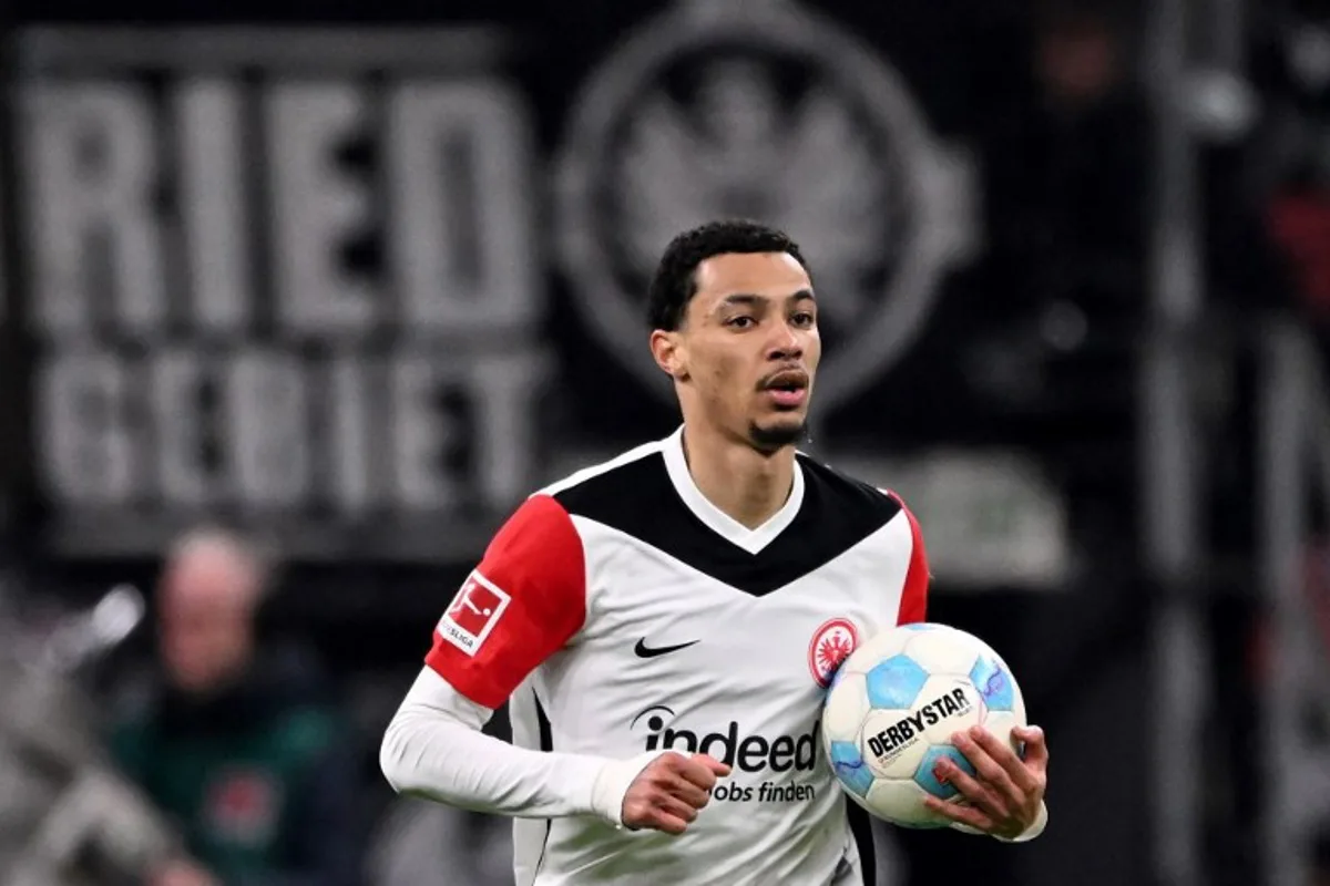 Frankfurt's French forward #11 Hugo Ekitike celebrates scoring a goal during the German first division Bundesliga football match between Eintracht Frankfurt and Bayer 04 Leverkusen in Frankfurt on March 1, 2025. Kirill KUDRYAVTSEV / AFP