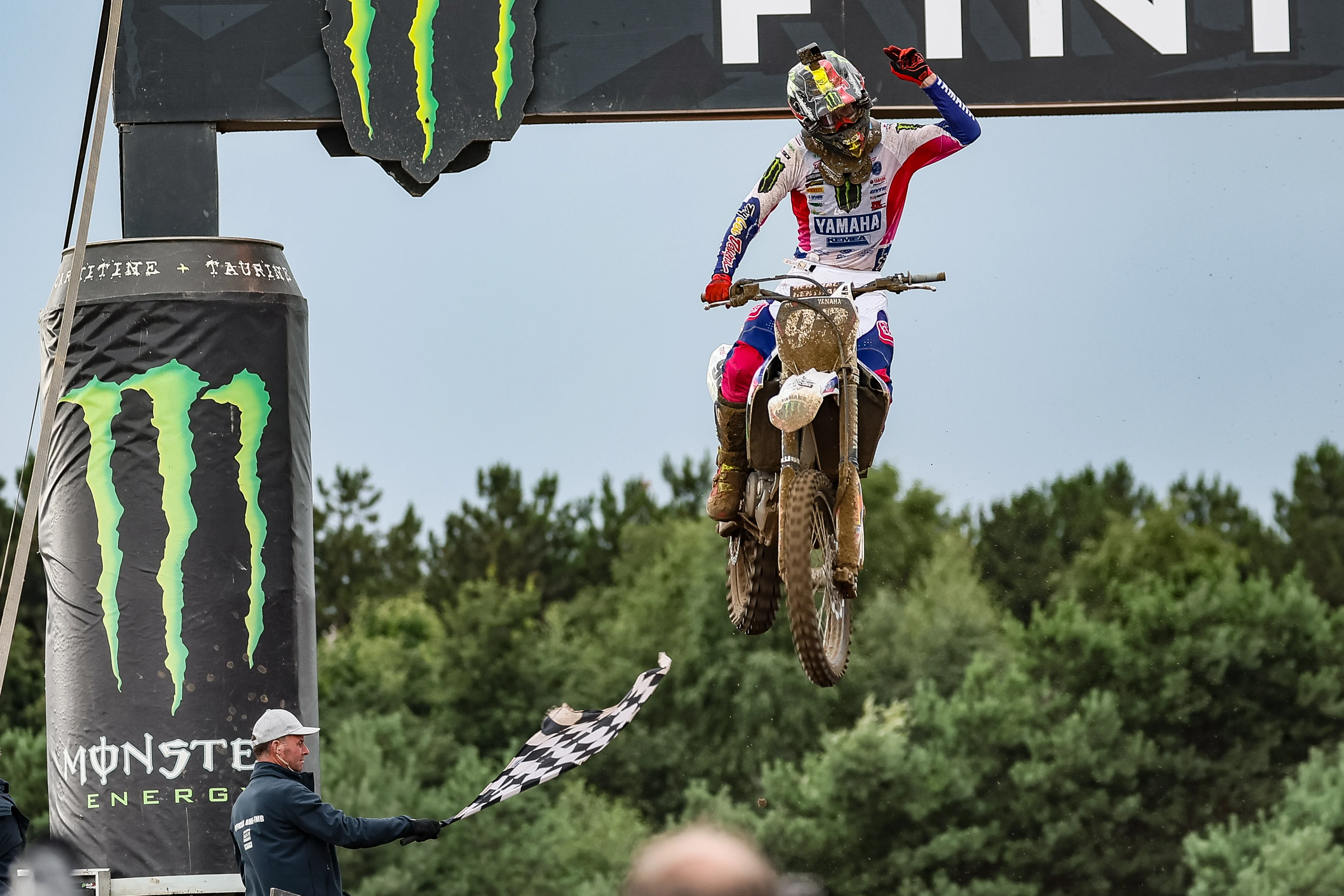 Belgian Jago Geerts celebrates as he crosses the finish line to win the motocross MX2 Grand Prix Flanders, race 13/19 of the FIM Motocross World Championship, Sunday 23 July 2023 in Lommel. BELGA PHOTO BRUNO FAHY