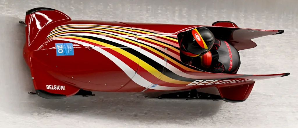 Belgian bobsleigh pilot An Vannieuwenhuyse and Belgian bobsleigh breaker Sara Aerts pictured in action during the second run in the 2-woman bobsleigh event, the Beijing 2022 Winter Olympics in Beijing, China, Friday 18 February 2022. The winter Olympics are taking place from 4 February to 20 February 2022. BELGA PHOTO LAURIE DIEFFEMBACQ