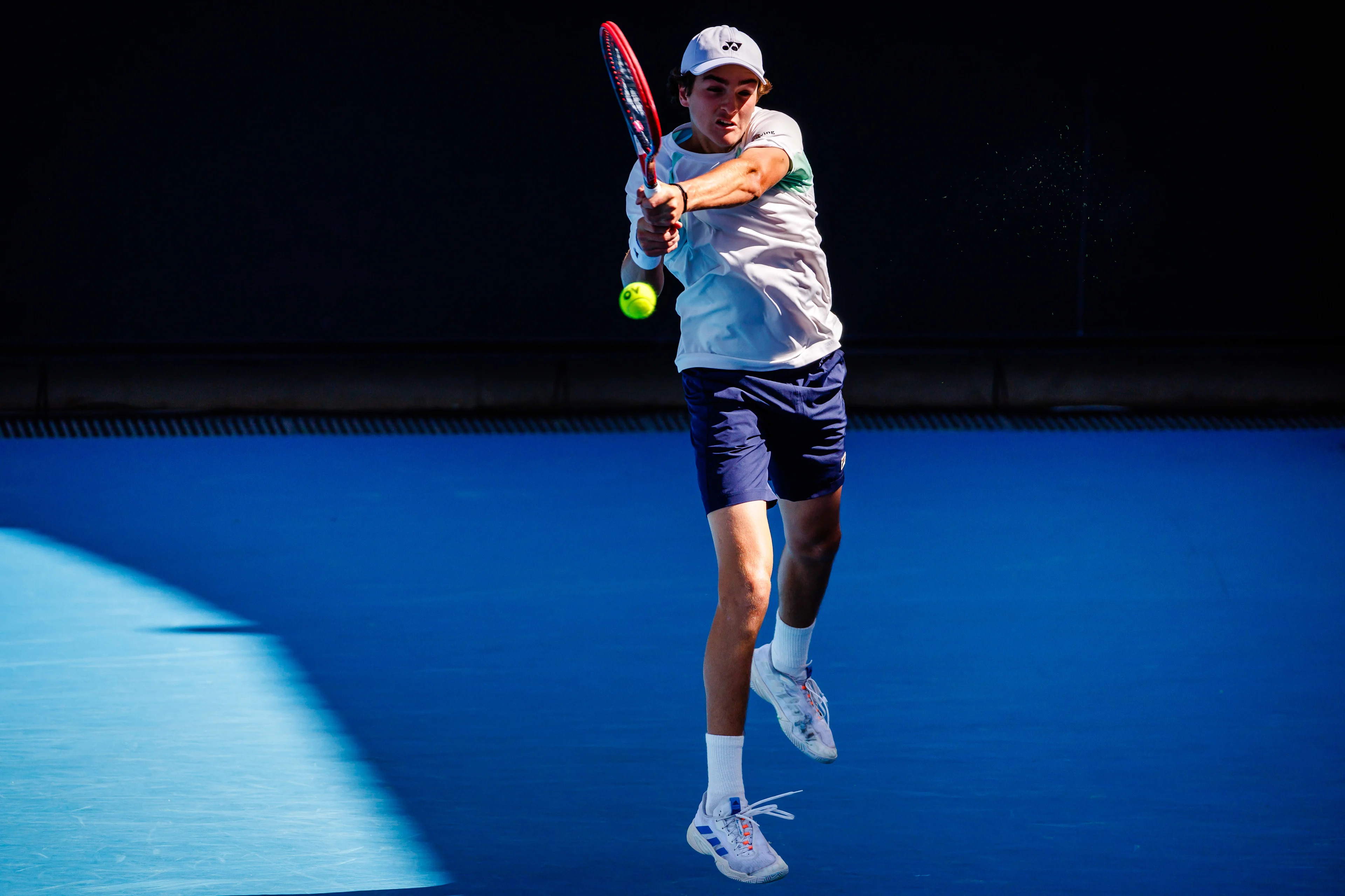 Joao Fonseca (ATP 952) pictured during a tennis match between Belgian-Brazilian pair Blockx-Fonseca and American pair Tien-Williams, in the final of the junior boys' doubles at the 'Australian Open' tennis Grand Slam, Friday 27 January 2023 in Melbourne Park, Melbourne, Australia.  BELGA PHOTO PATRICK HAMILTON