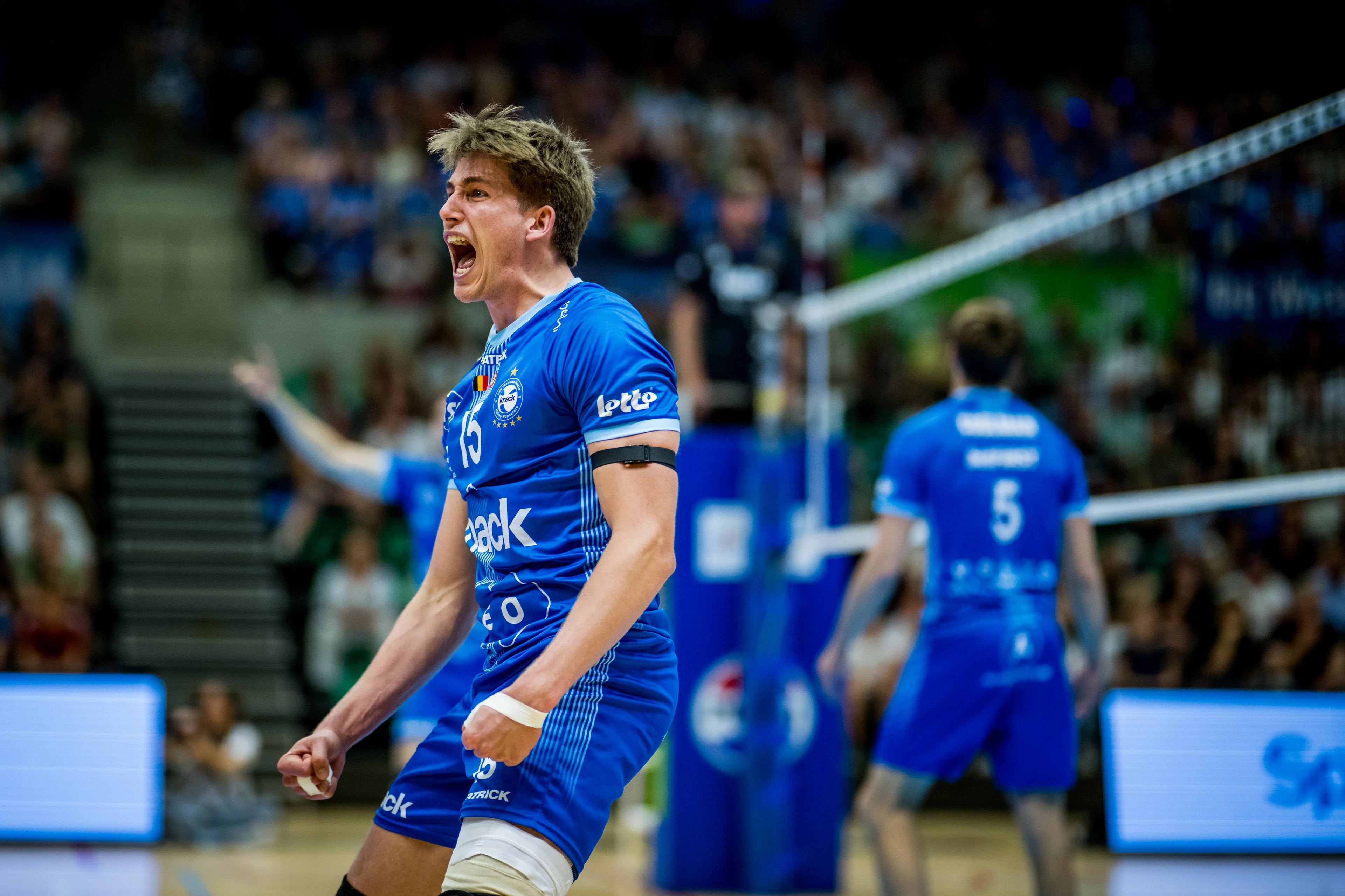 Roeselare's Basil Dermaux celebrates after winning the match between Haasrode Leuven and Roeselare, a Play-off Final (4th game, best-of-5) game in the Lotto Volley League Men, Tuesday 13 May 2025 in Leuven. BELGA PHOTO JASPER JACOBS