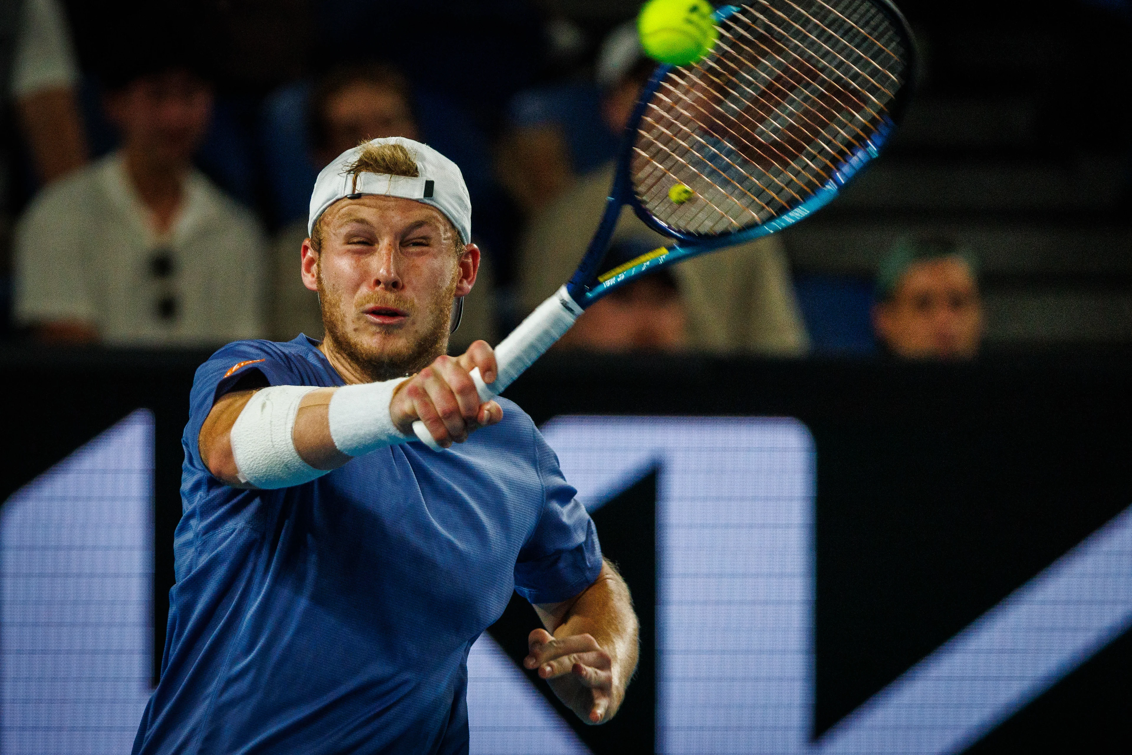 Belgian Gauthier Onclin pictured in action during a men's singles first round game between Belgian Onclin and American Opelka, at the 'Australian Open' Grand Slam tennis tournament, Sunday 12 January 2025 in Melbourne Park, Melbourne, Australia. The 2025 edition of the Australian Grand Slam takes place from January 12th to January 26th. BELGA PHOTO PATRICK HAMILTON