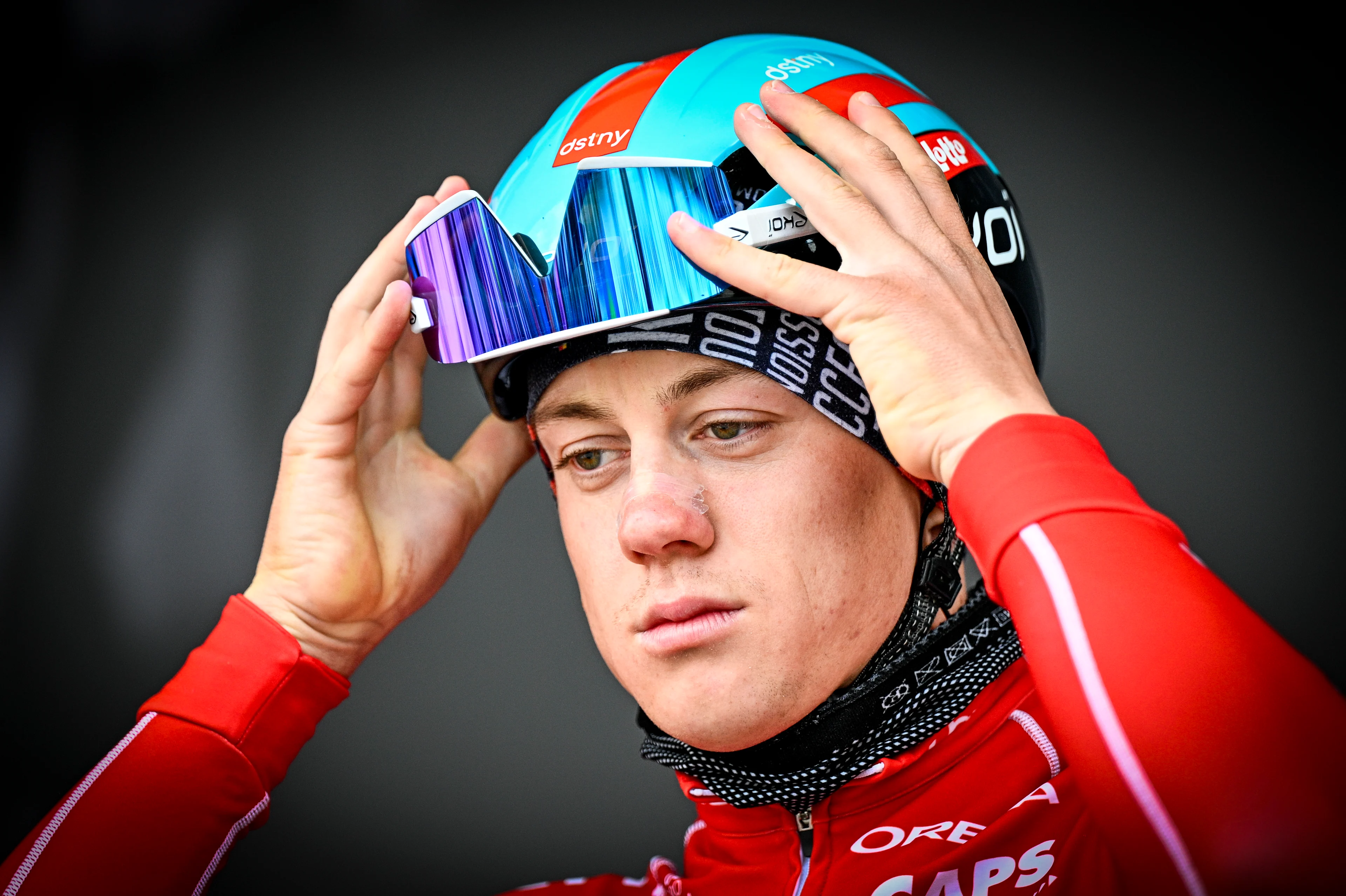 Belgian Maxim Van Gils of Lotto Dstny pictured at the start of the men's race of the 'La Fleche Wallonne', one day cycling race (Waalse Pijl - Walloon Arrow), 199 km from Charleroi to Huy, Wednesday 17 April 2024. BELGA PHOTO JASPER JACOBS