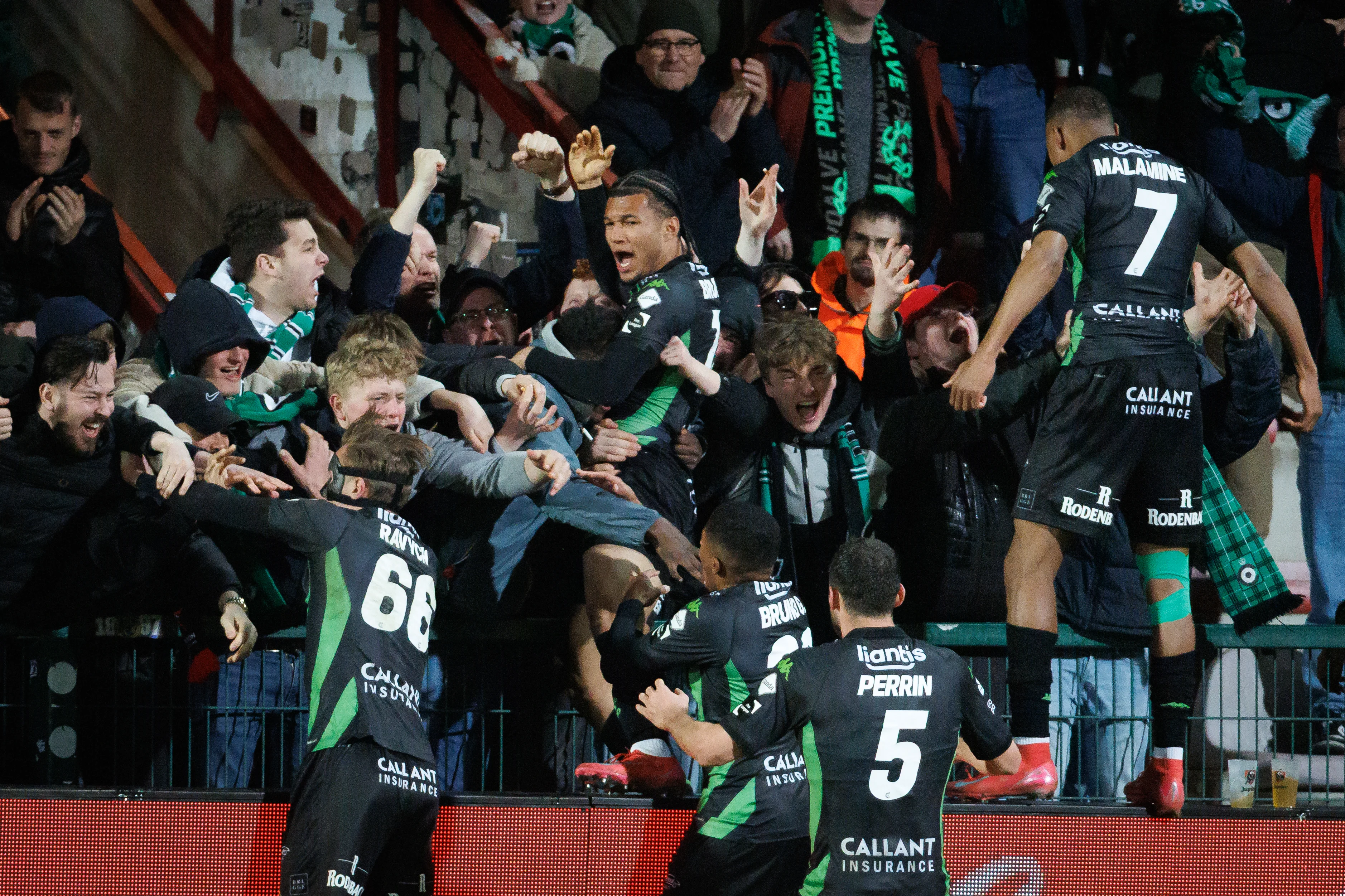 Cercle's Paris Bunner celebrates after scoring during a soccer match between KV Kortrijk and Cercle Brugge, Sunday 23 February 2025 in Kortrijk, on day 27 of the 2024-2025 season of the 'Jupiler Pro League' first division of the Belgian championship. BELGA PHOTO KURT DESPLENTER