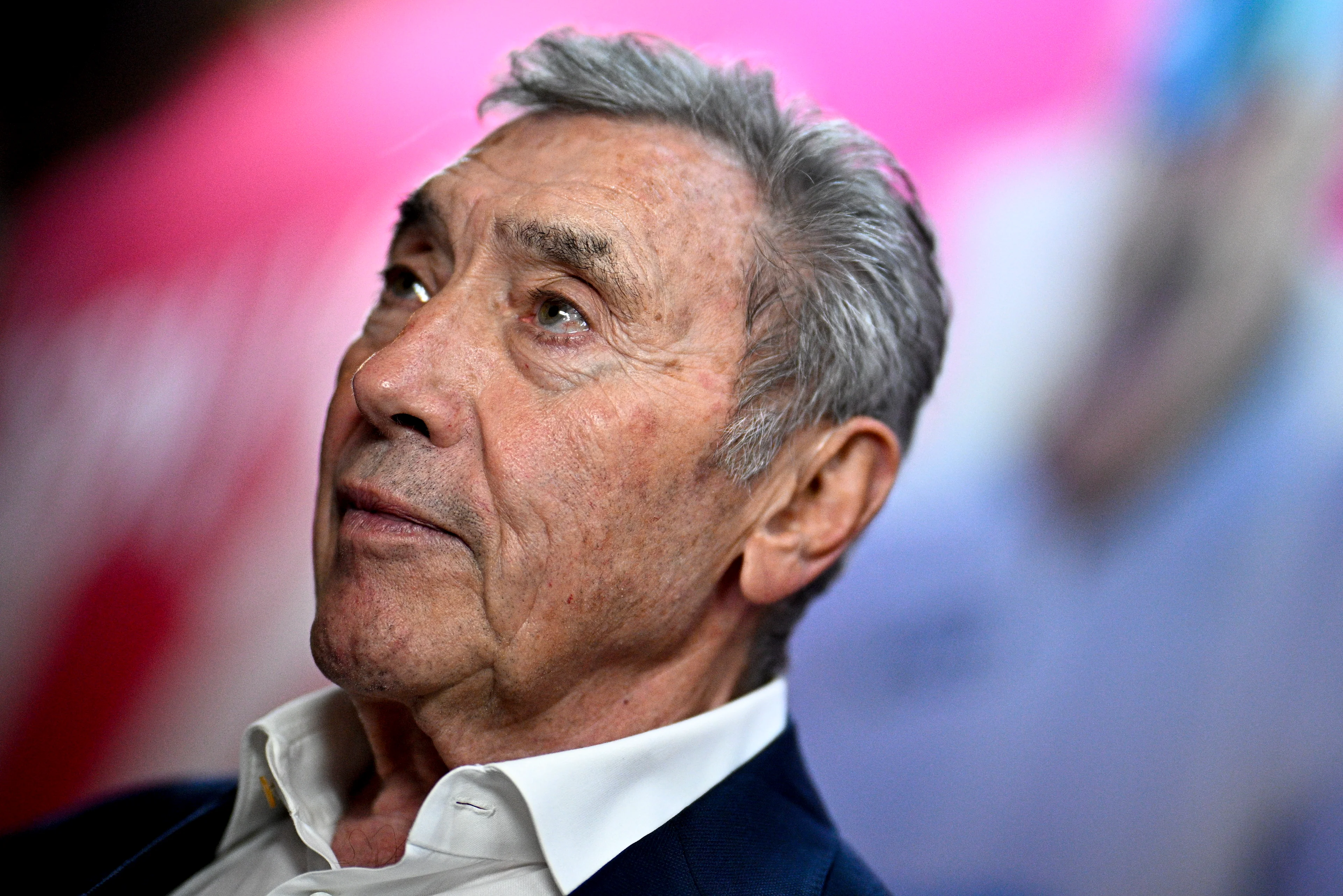 Eddy Merckx pictured during celebrations at the Belgium House for the medals won at the men's time trial event at the Paris 2024 Olympic Games, on Saturday 27 July 2024 in Paris, France. Evenepoel and Van Aert took home the gold and bronze medals, at the Games of the XXXIII Olympiad, which are taking place in Paris from 26 July to 11 August. The Belgian delegation counts 165 athletes in 21 sports. BELGA PHOTO JASPER JACOBS