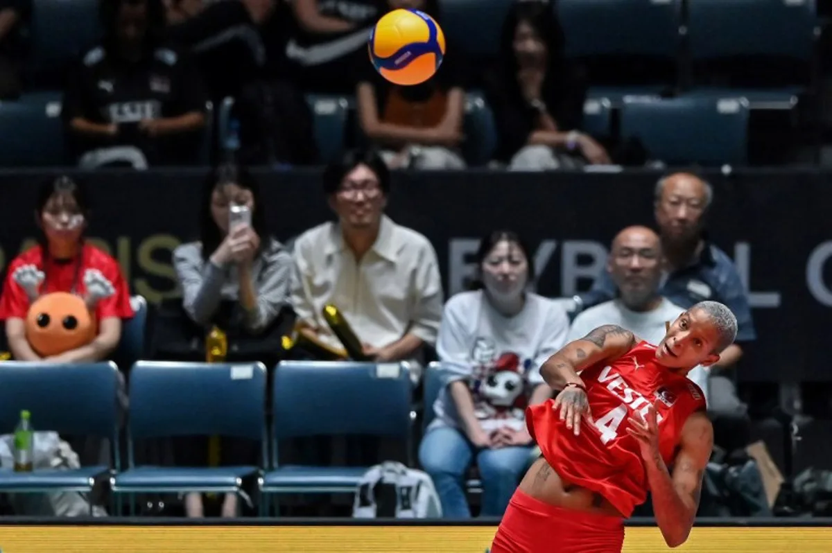 Turkey's Melissa Teresa Vargas serves during the match on the final day of the Volleyball World Cup 2023 women's Olympic qualifying tournament between Turkey and Belgium at Yoyogi National Stadium in Tokyo on September 24, 2023.  Richard A. Brooks / AFP