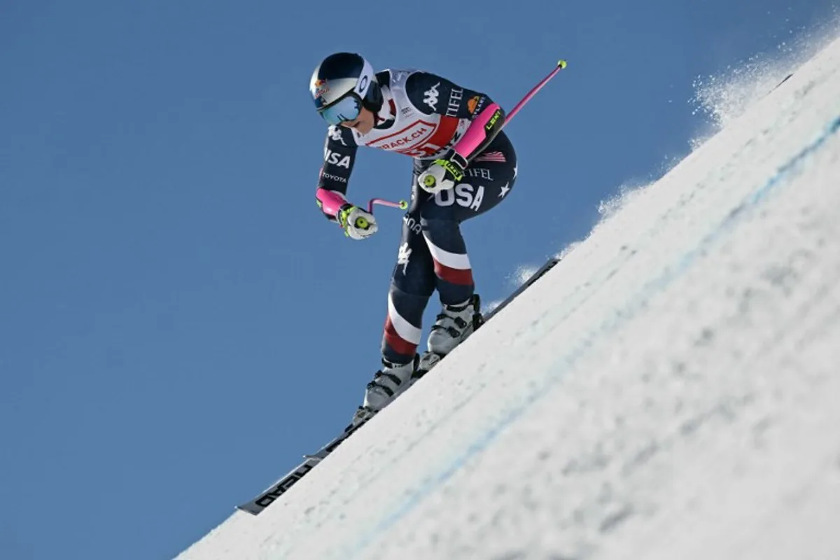 US' Lindsey Vonn competes in the Women's Super-G race as part of the FIS Alpine ski World Cup 2024-2025, in St. Moritz on December 21, 2024.  FABRICE COFFRINI / AFP